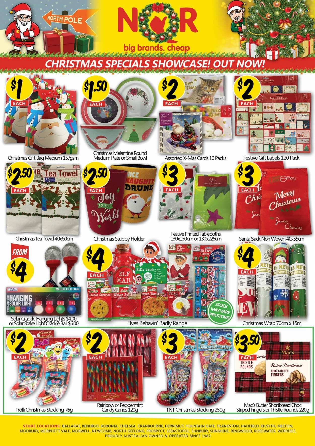thumbnail - NQR Catalogue - Sales products - eggs, butter, Sunshine, Trolli, biscuit, Santa, Mac’s, Joy, holder, plate, bowl, paper, christmas wrap, gift bag, envelope, tablecloth, tea towels, bra. Page 1.