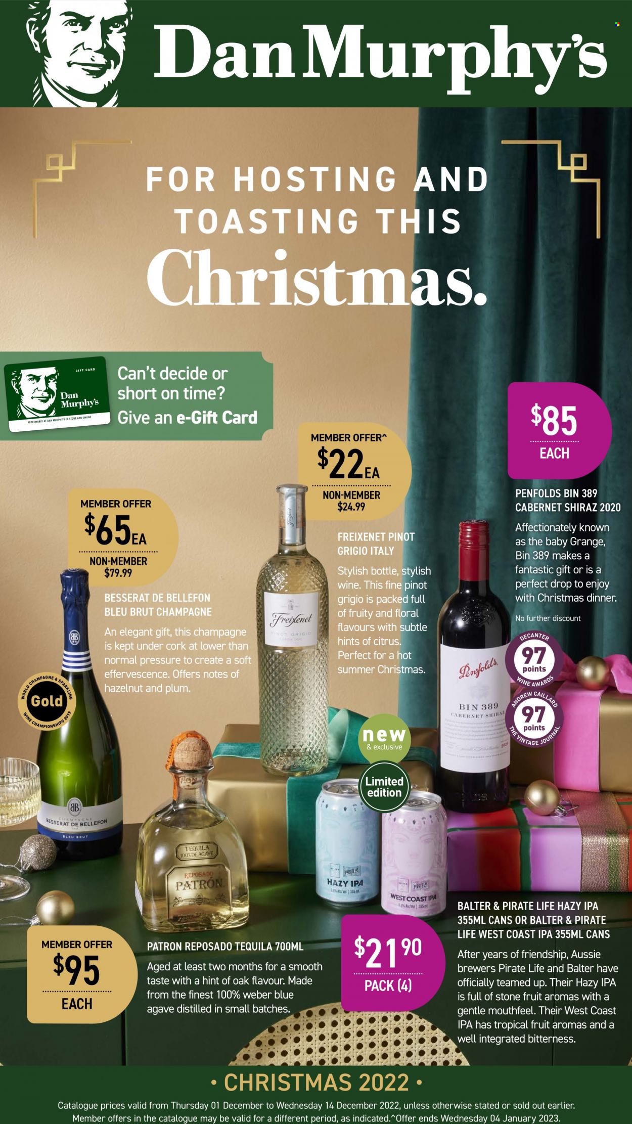 thumbnail - Dan Murphy's Catalogue - 1 Dec 2022 - 14 Dec 2022 - Sales products - Cabernet Sauvignon, red wine, white wine, champagne, wine, Shiraz, Pinot Grigio, tequila, brewer, IPA. Page 1.