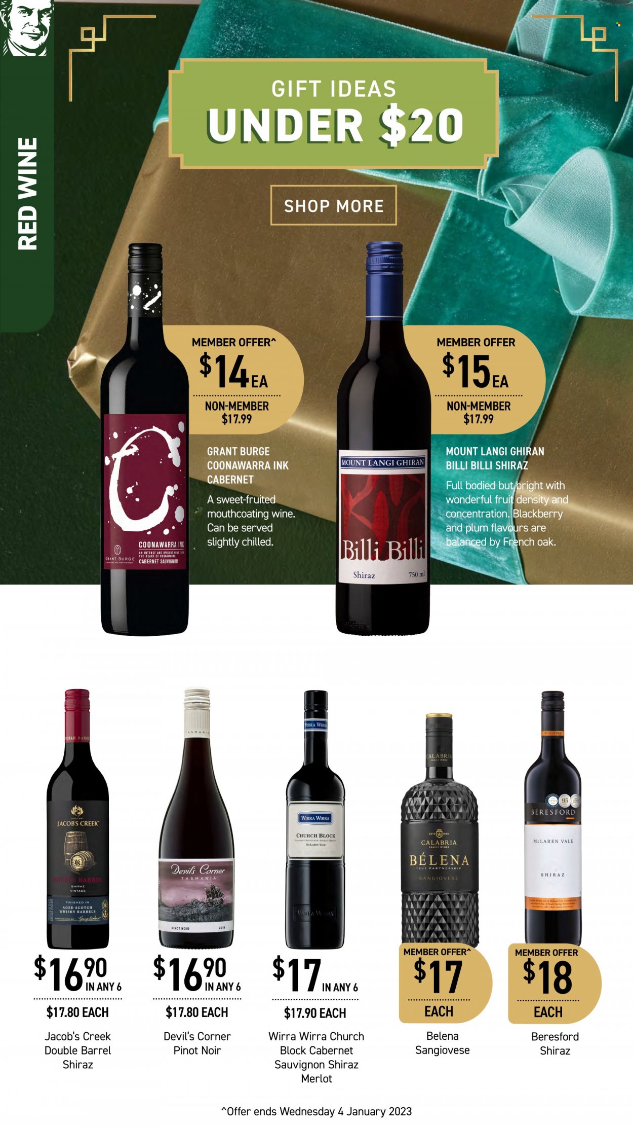 thumbnail - Dan Murphy's Catalogue - 1 Dec 2022 - 14 Dec 2022 - Sales products - Cabernet Sauvignon, red wine, wine, Merlot, Pinot Noir, Jacob's Creek, Shiraz, scotch whisky, whisky. Page 19.
