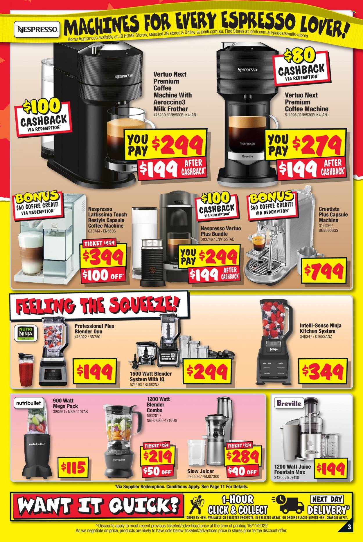 thumbnail - JB Hi-Fi Catalogue - 1 Dec 2022 - 24 Dec 2022 - Sales products - coffee machine, Nespresso, capsule coffee machine, blender, juicer, milk frother. Page 3.