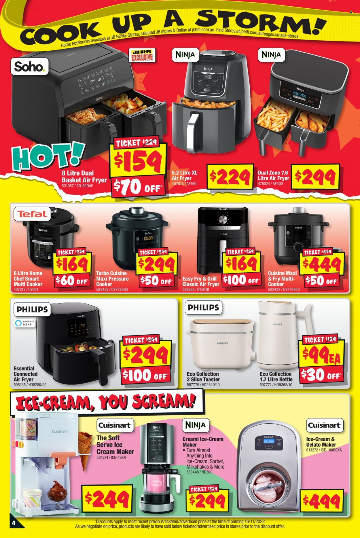 thumbnail - JB Hi-Fi Catalogue - 1 Dec 2022 - 24 Dec 2022 - Sales products - basket, multifunction cooker, pressure cooker, air fryer, toaster, kettle, ice cream machine. Page 4.