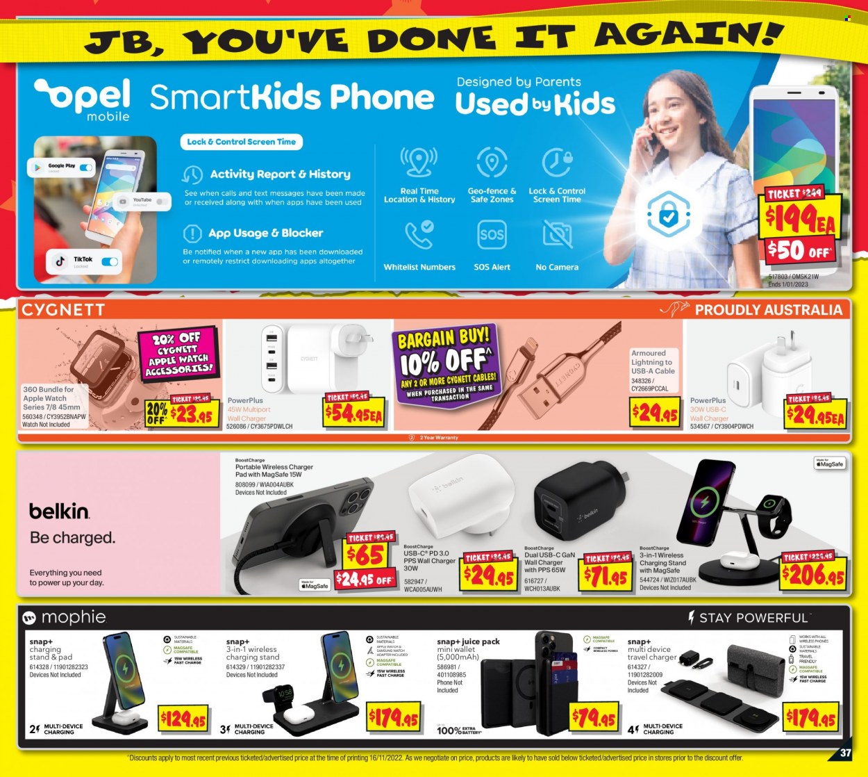thumbnail - JB Hi-Fi Catalogue - 1 Dec 2022 - 24 Dec 2022 - Sales products - wall charger, phone, charging stand, wireless charger, Apple Watch, wallet, watch. Page 37.