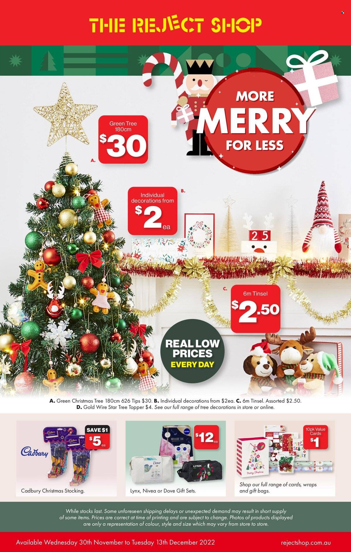 thumbnail - The Reject Shop Catalogue - 30 Nov 2022 - 13 Dec 2022 - Sales products - wraps, Dove, Cadbury, Nivea, tree topper, christmas tree. Page 1.