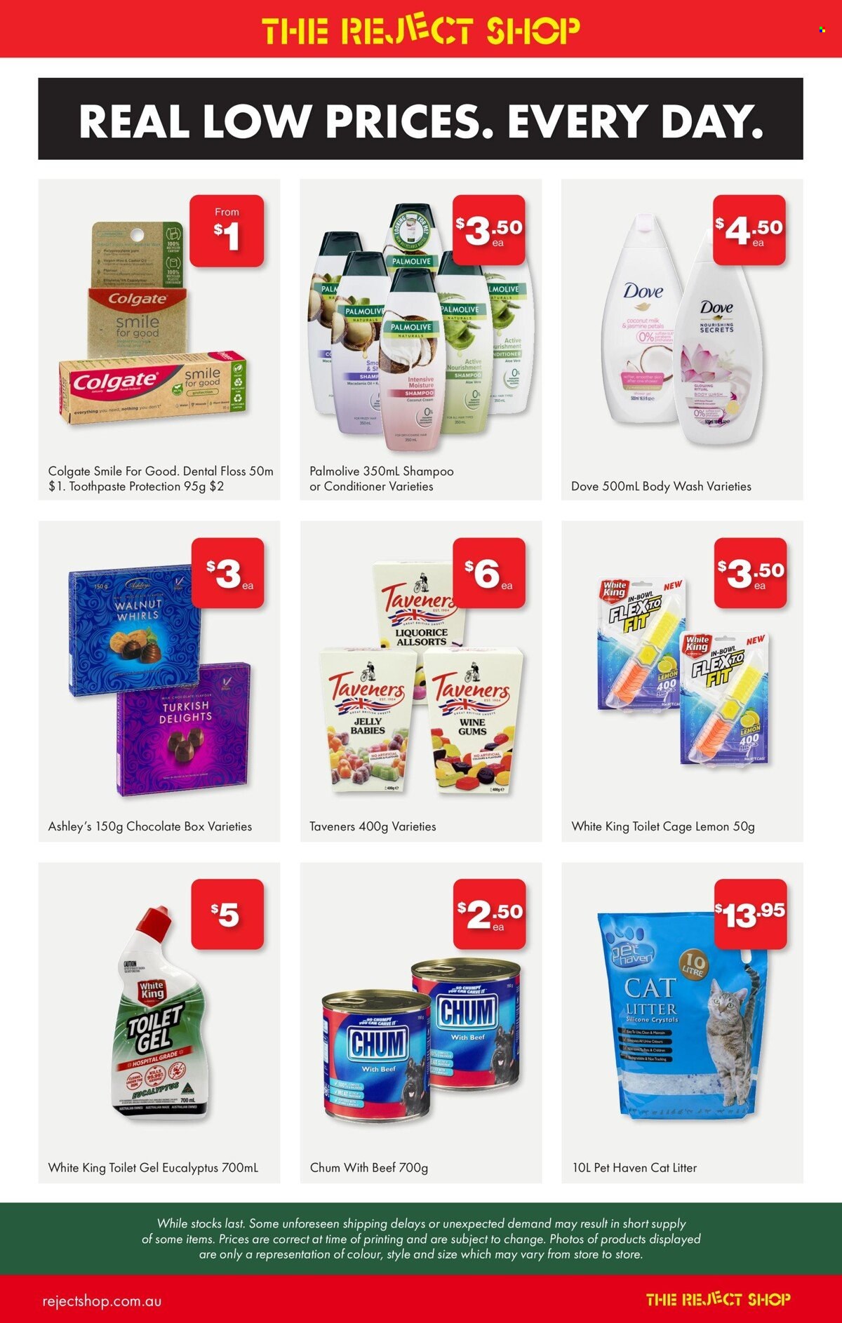 thumbnail - The Reject Shop Catalogue - 30 Nov 2022 - 13 Dec 2022 - Sales products - Dove, milk chocolate, chocolate, jelly, coconut milk, body wash, shampoo, Palmolive, Colgate, toothpaste, conditioner, cat litter. Page 4.