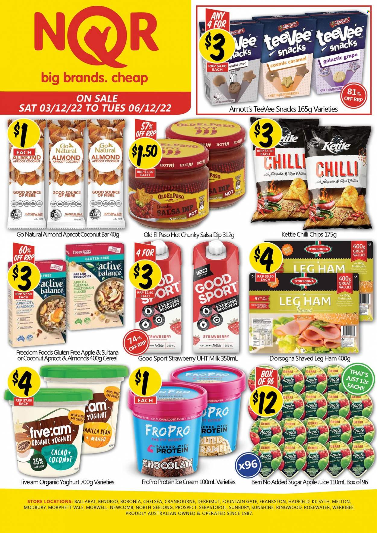 thumbnail - NQR Catalogue - 3 Dec 2022 - 6 Dec 2022 - Sales products - Old El Paso, jalapeño, ham, leg ham, yoghurt, organic yoghurt, milk, Sunshine, dip, ice cream, snack, biscuit, chips, cereals, caramel, salsa, Berri, apple juice, juice, Aussie. Page 1.