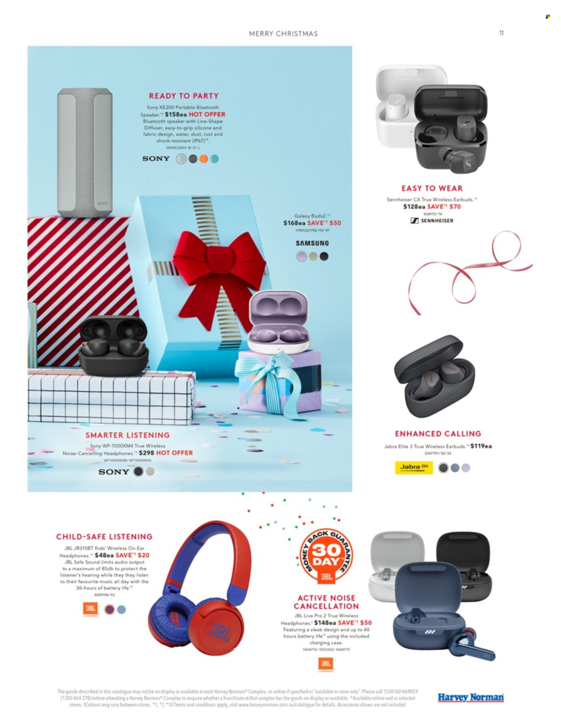 thumbnail - Harvey Norman Catalogue - 2 Dec 2022 - 23 Dec 2022 - Sales products - Sony, diffuser, Samsung, speaker, JBL, bluetooth speaker, headphones, wireless headphones, Jabra, Sennheiser, earbuds. Page 11.