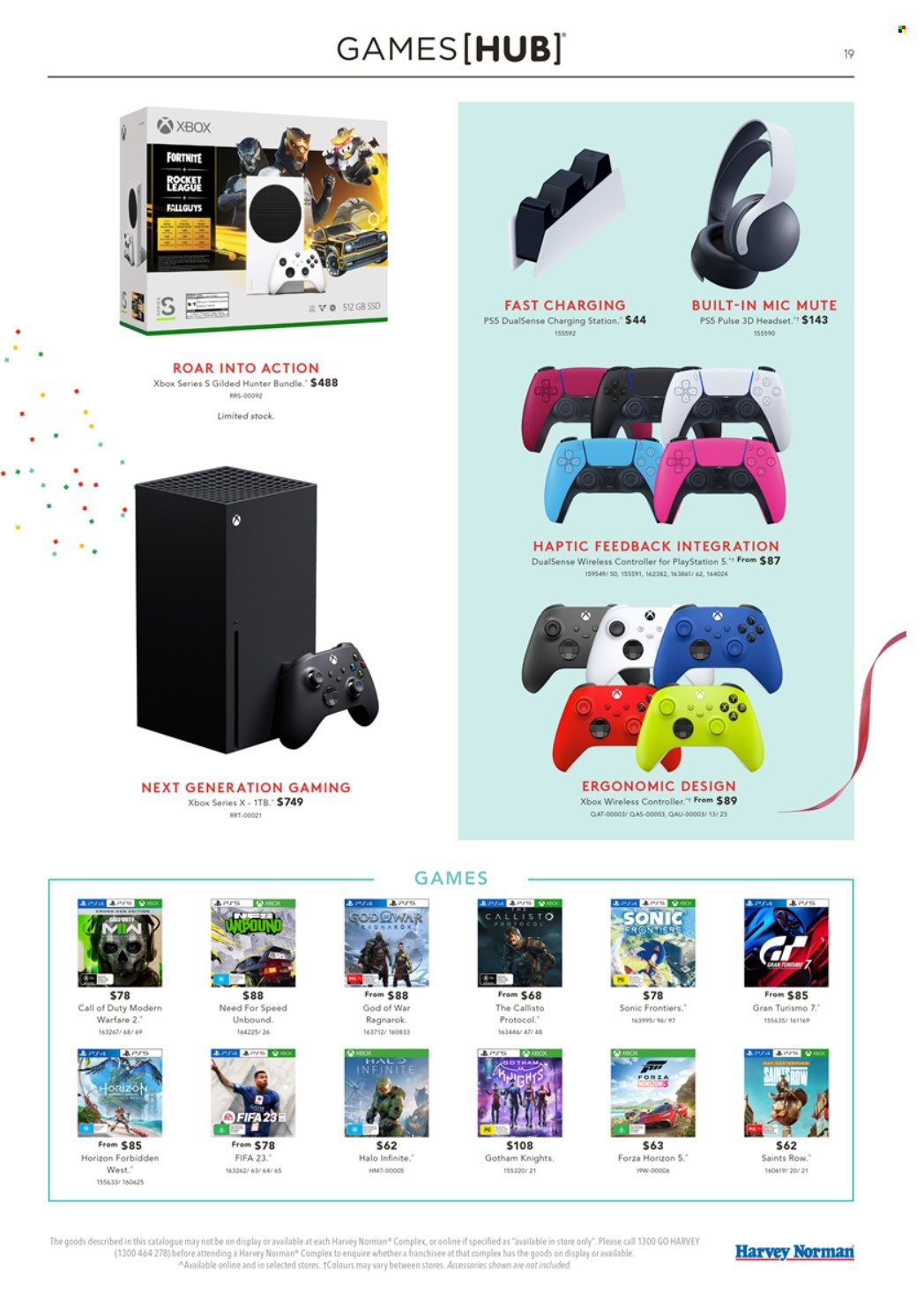 thumbnail - Harvey Norman Catalogue - 2 Dec 2022 - 23 Dec 2022 - Sales products - wireless controller, PlayStation, Xbox, PlayStation 5, Xbox Series X, headset. Page 19.