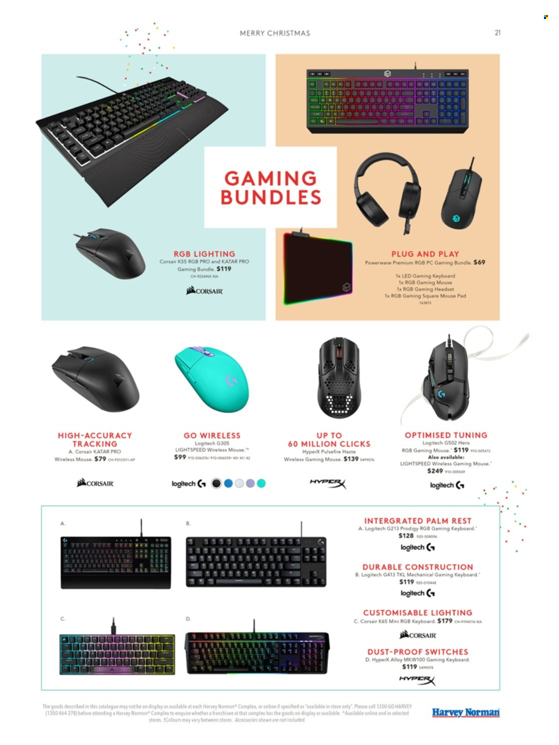 thumbnail - Harvey Norman Catalogue - 2 Dec 2022 - 23 Dec 2022 - Sales products - gaming keyboard, gaming mouse, HyperX, gaming headset, keyboard, mouse, Corsair, Logitech, mouse pad, headset, lighting. Page 21.