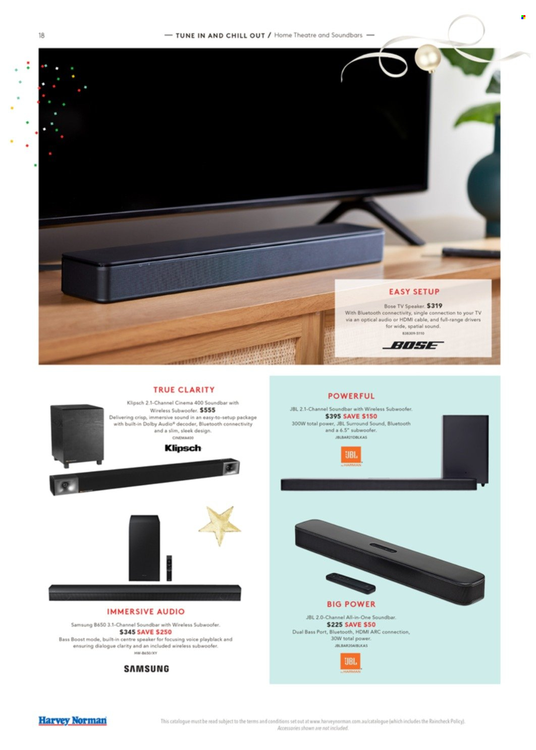 thumbnail - Harvey Norman Catalogue - 2 Dec 2022 - 12 Dec 2022 - Sales products - Samsung, HDMI cable, TV, decoder, BOSE, speaker, subwoofer, wireless subwoofer, JBL, sound bar. Page 18.