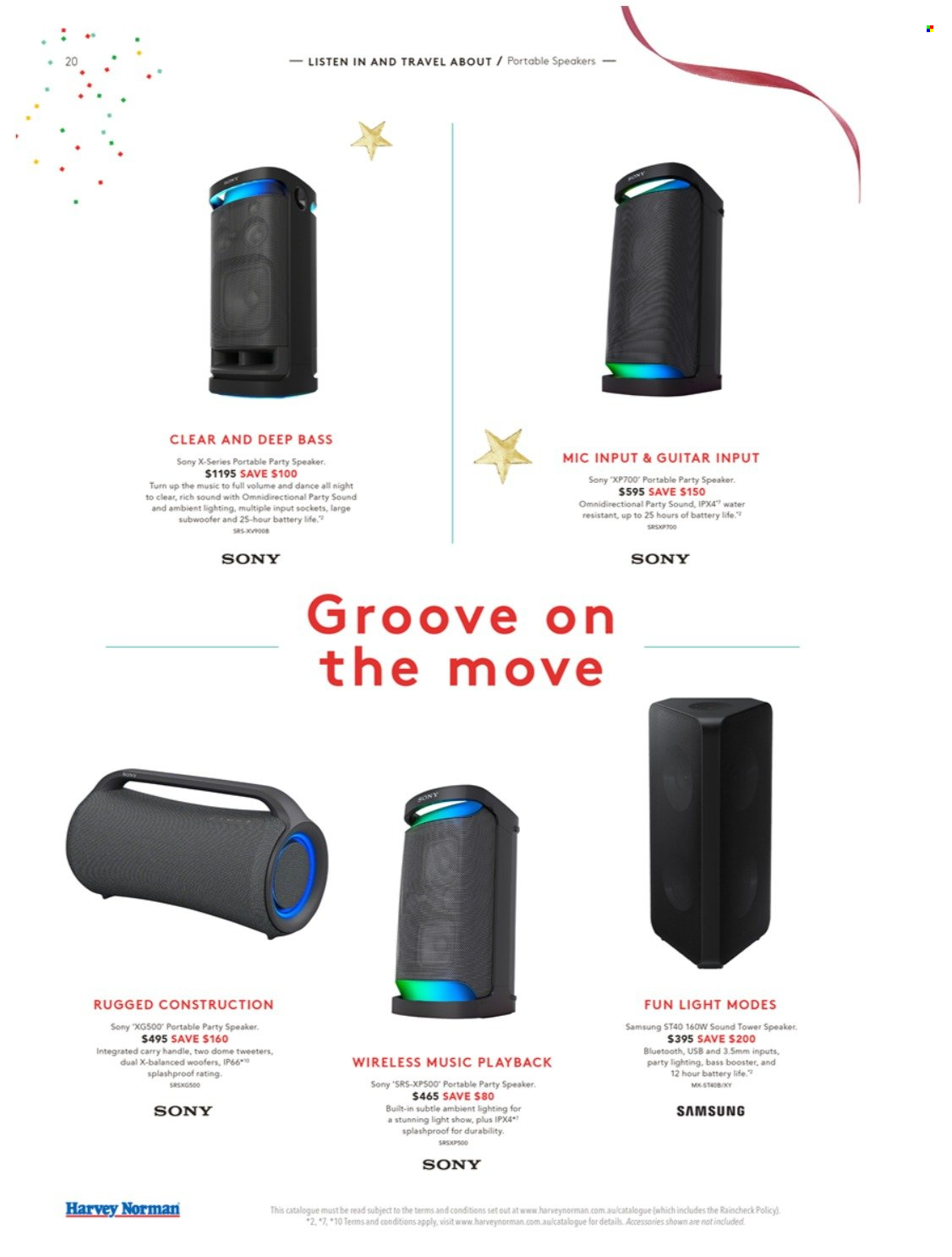 thumbnail - Harvey Norman Catalogue - 2 Dec 2022 - 12 Dec 2022 - Sales products - Sony, guitar, Samsung, speaker, subwoofer, sound tower, lighting, socket. Page 20.