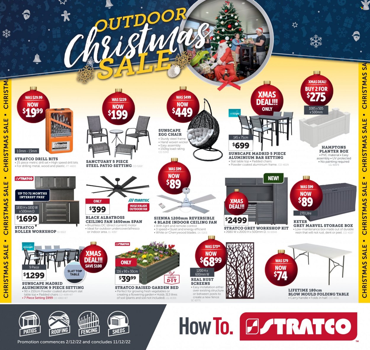 thumbnail - Stratco Catalogue - 2 Dec 2022 - 11 Dec 2022 - Sales products - storage box, table, chair, folding table, ceiling fan, roller, aluminium frame, garden bed, planter box. Page 1.