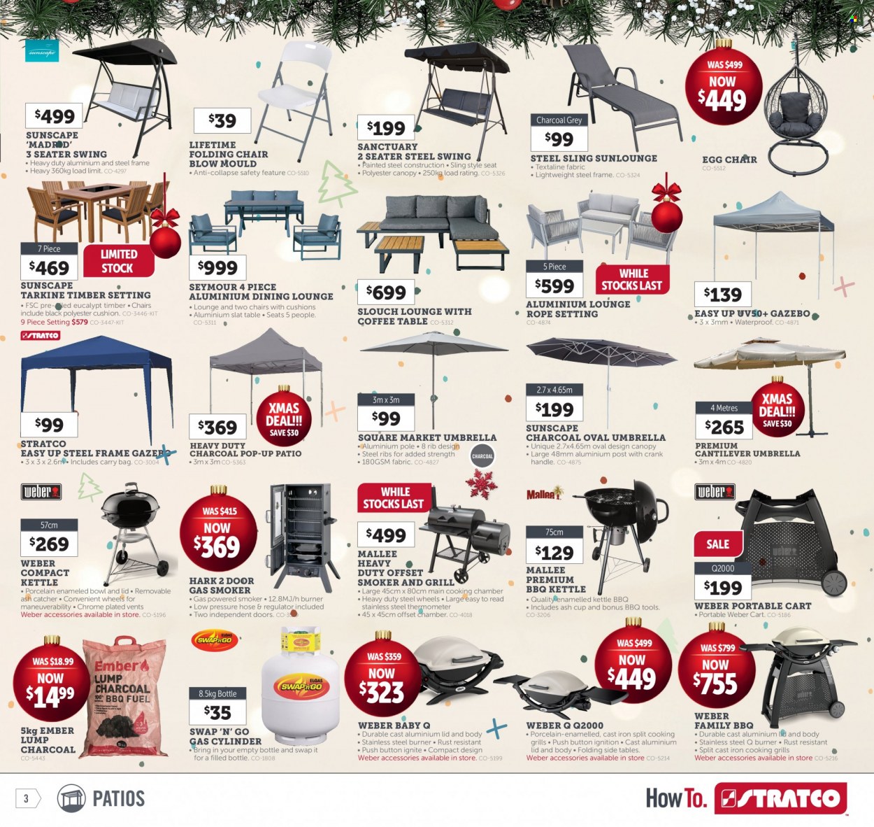 thumbnail - Stratco Catalogue - 2 Dec 2022 - 11 Dec 2022 - Sales products - table, chair, lounge, coffee table, folding chair, cushion, thermometer, lid, cup, gazebo, smoker, Weber, compact kettle. Page 3.