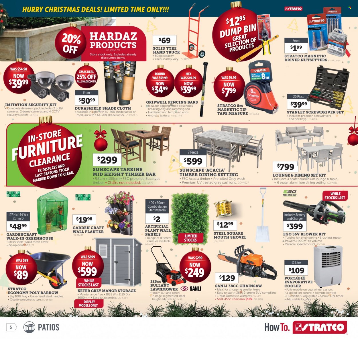 thumbnail - Stratco Catalogue - 2 Dec 2022 - 11 Dec 2022 - Sales products - dining set, table, chair, lounge, shelves, cushion, artificial plant, sticker, Stanley, wall paneling, screwdriver, chain saw, lawn mower, shovel, blower, screwdriver set, measuring tape, hand truck, greenhouse. Page 5.
