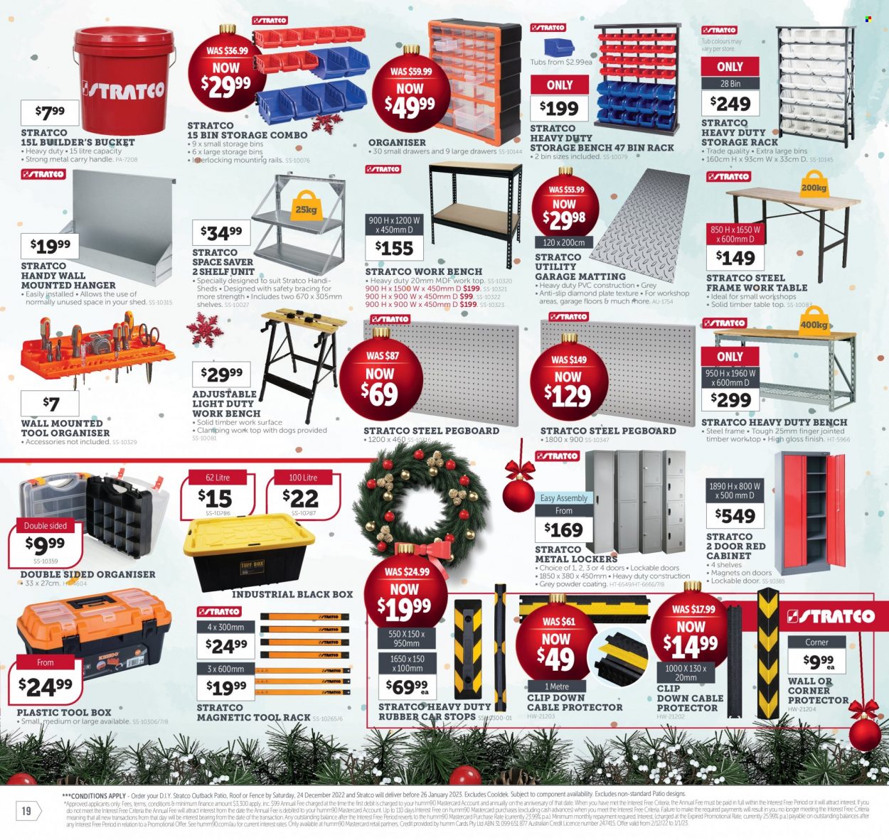 thumbnail - Stratco Catalogue - 2 Dec 2022 - 11 Dec 2022 - Sales products - cabinet, table, work bench, bench, shelf unit, storage bench, pegboard, bin, hanger, plate, eraser, tool box, shed. Page 19.