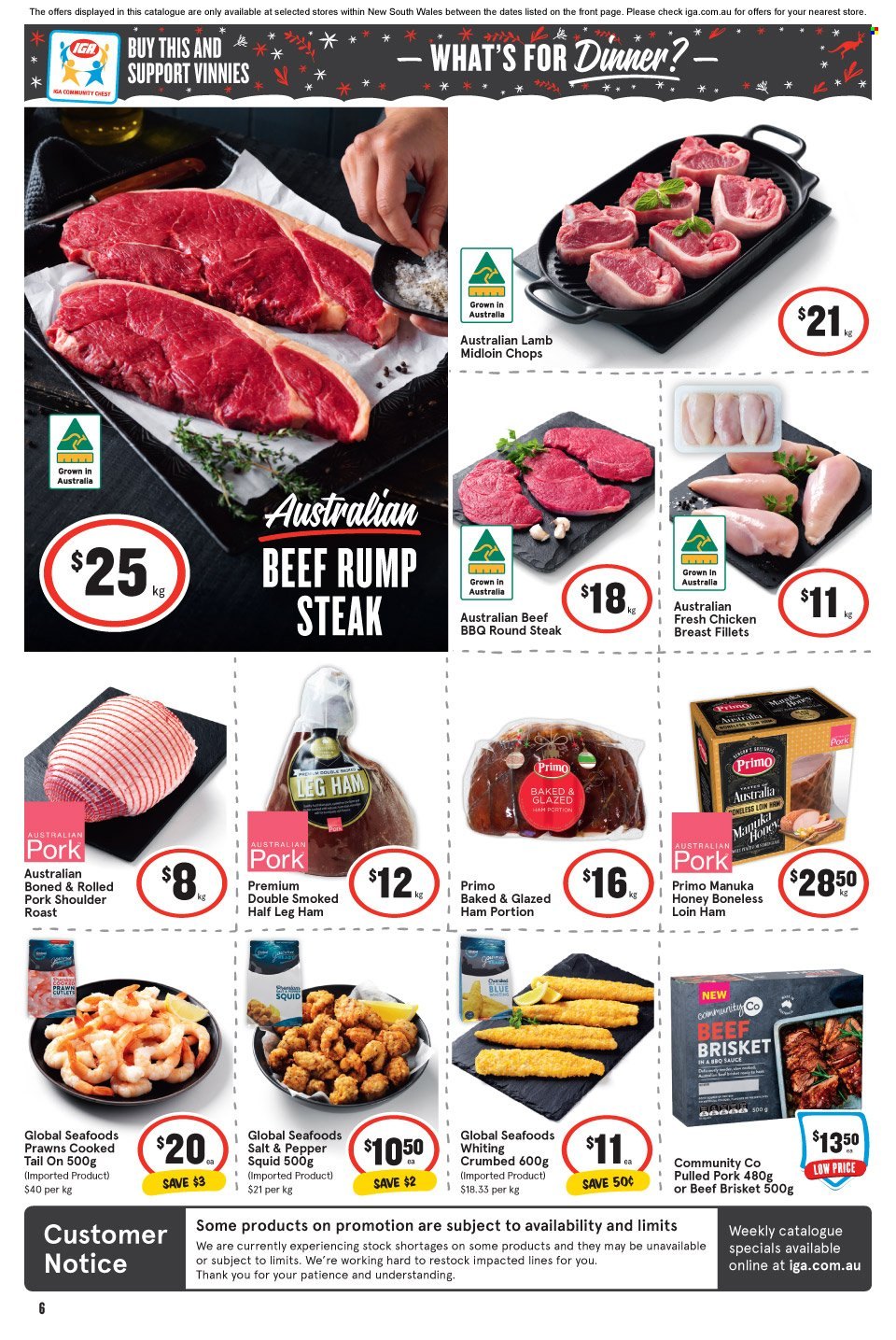 thumbnail - IGA Catalogue - 7 Dec 2022 - 13 Dec 2022 - Sales products - squid, prawns, whiting, sauce, pulled pork, ham, leg ham, Manuka Honey, chicken breasts, beef meat, steak, rump steak, round steak, beef brisket, pork meat, pork roast, pork shoulder. Page 6.