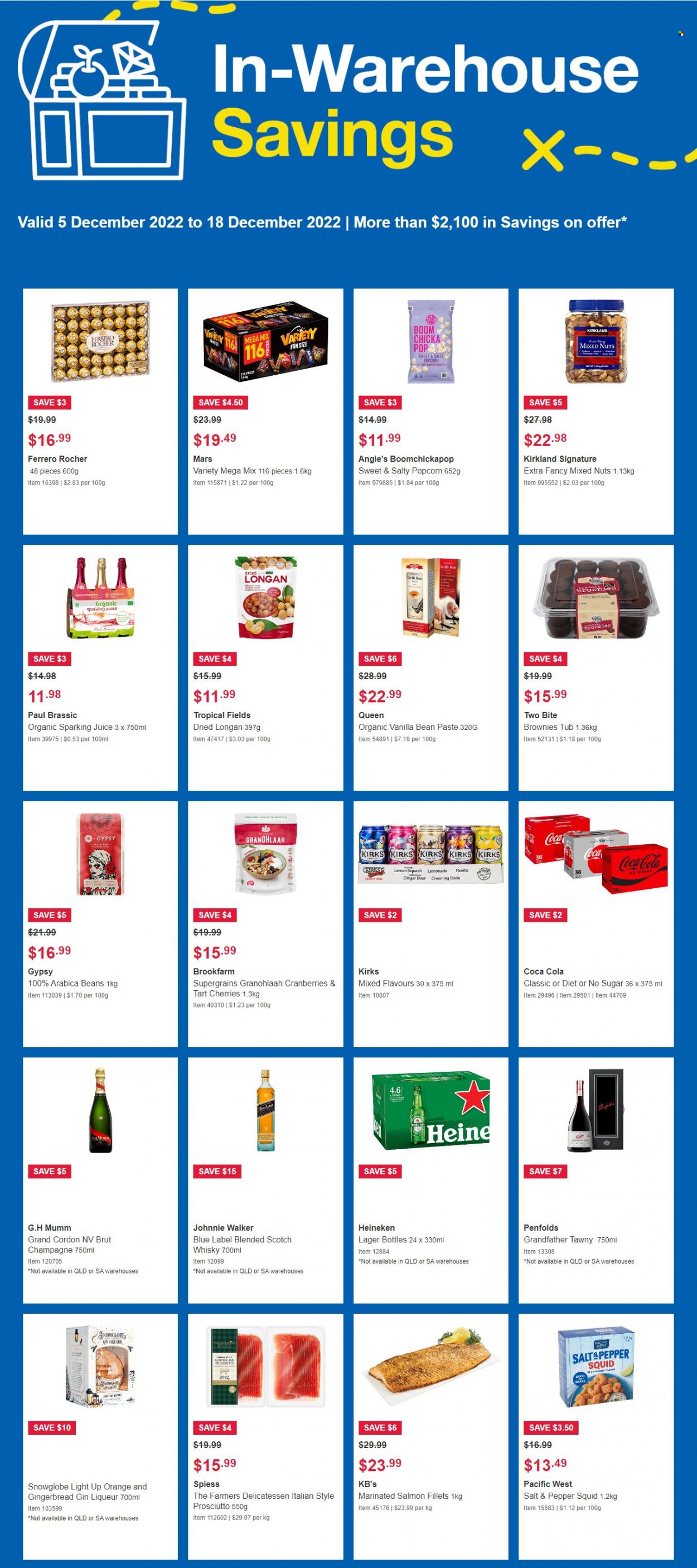 thumbnail - Costco Catalogue - 5 Dec 2022 - 18 Dec 2022 - Sales products - gingerbread, Ferrero Rocher, Mars, brownies, popcorn, cranberries, salmon, mixed nuts, Coca-Cola, lemonade, sparkling juice, soda, arabica beans, champagne, gin, liqueur, Johnnie Walker, scotch whisky, whisky, beer, Heineken, Lager, ginger beer. Page 1.