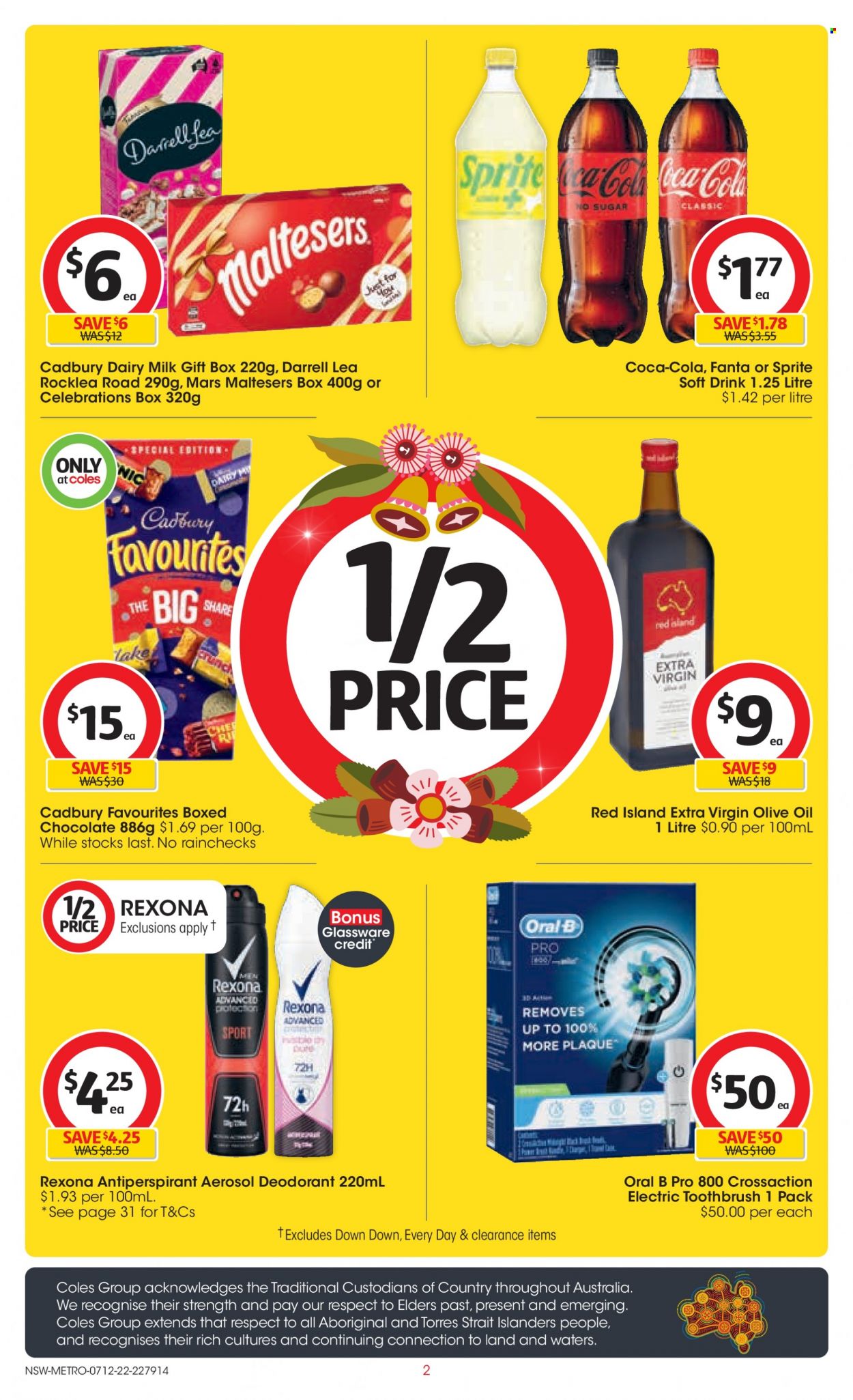 thumbnail - Coles Catalogue - 7 Dec 2022 - 13 Dec 2022 - Sales products - chocolate, Mars, Celebration, Maltesers, Cadbury, Dairy Milk, extra virgin olive oil, olive oil, oil, Coca-Cola, Sprite, Fanta, soft drink, toothbrush, Oral-B, anti-perspirant, Rexona, deodorant, glassware set, gift box, electric toothbrush. Page 2.
