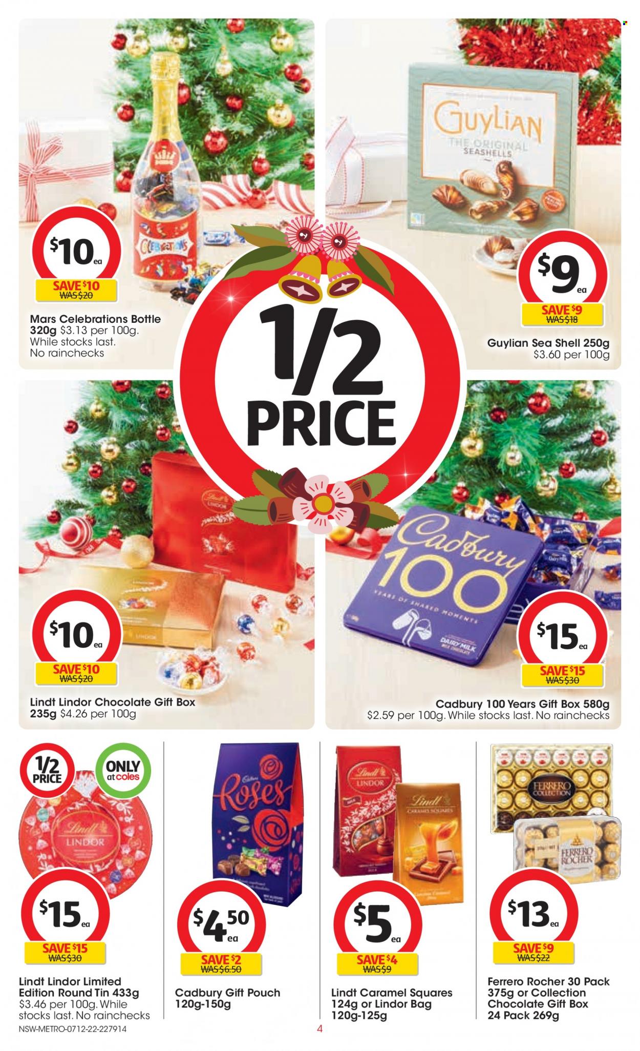 thumbnail - Coles Catalogue - 7 Dec 2022 - 13 Dec 2022 - Sales products - chocolate, Lindt, Lindor, Ferrero Rocher, Mars, Celebration, Cadbury, Dairy Milk, caramel, Moments, rose. Page 4.