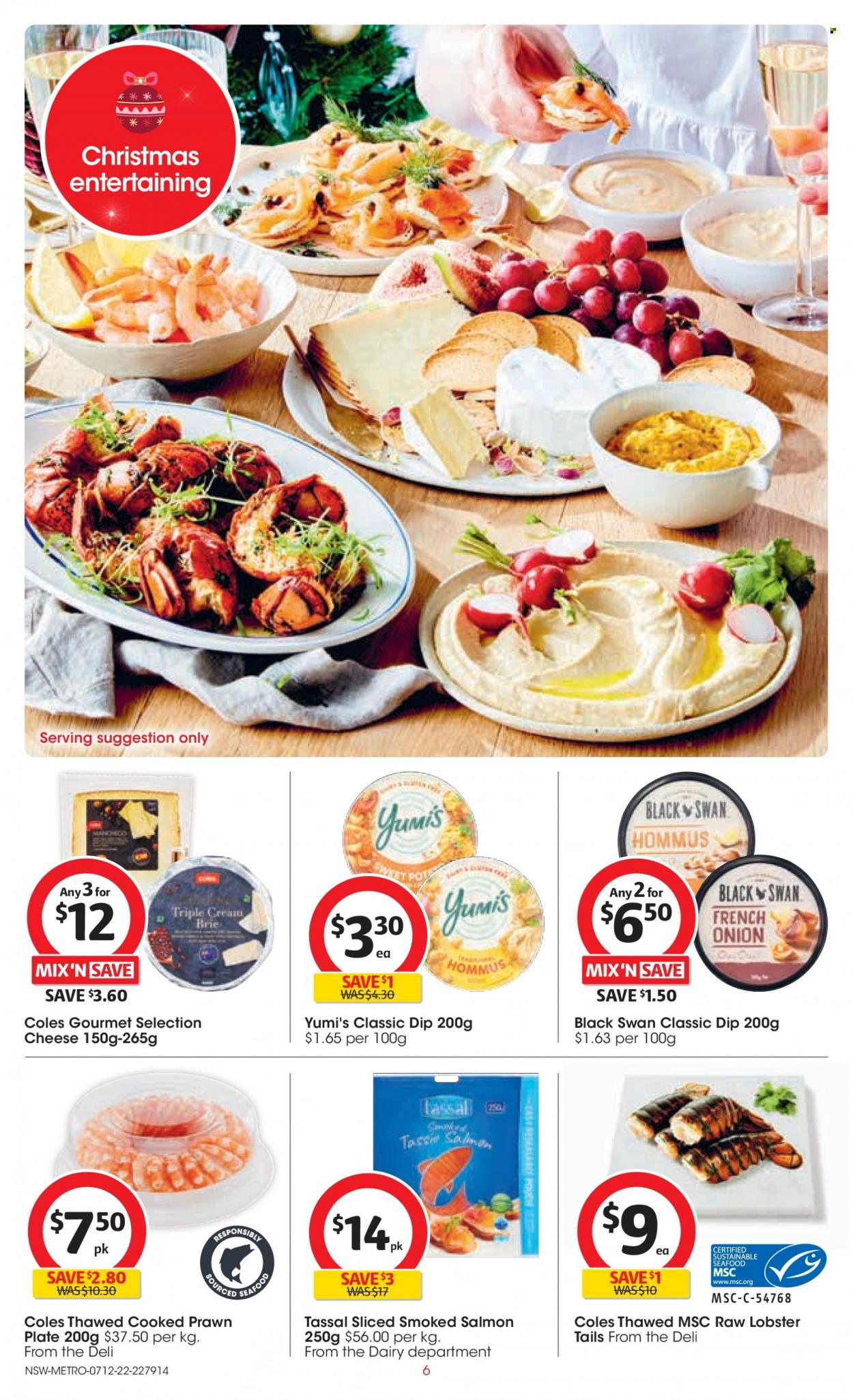 thumbnail - Coles Catalogue - 7 Dec 2022 - 13 Dec 2022 - Sales products - onion, lobster, lobster tail, salmon, smoked salmon, prawns, hummus, Manchego, cheese, brie, dip, plate. Page 6.