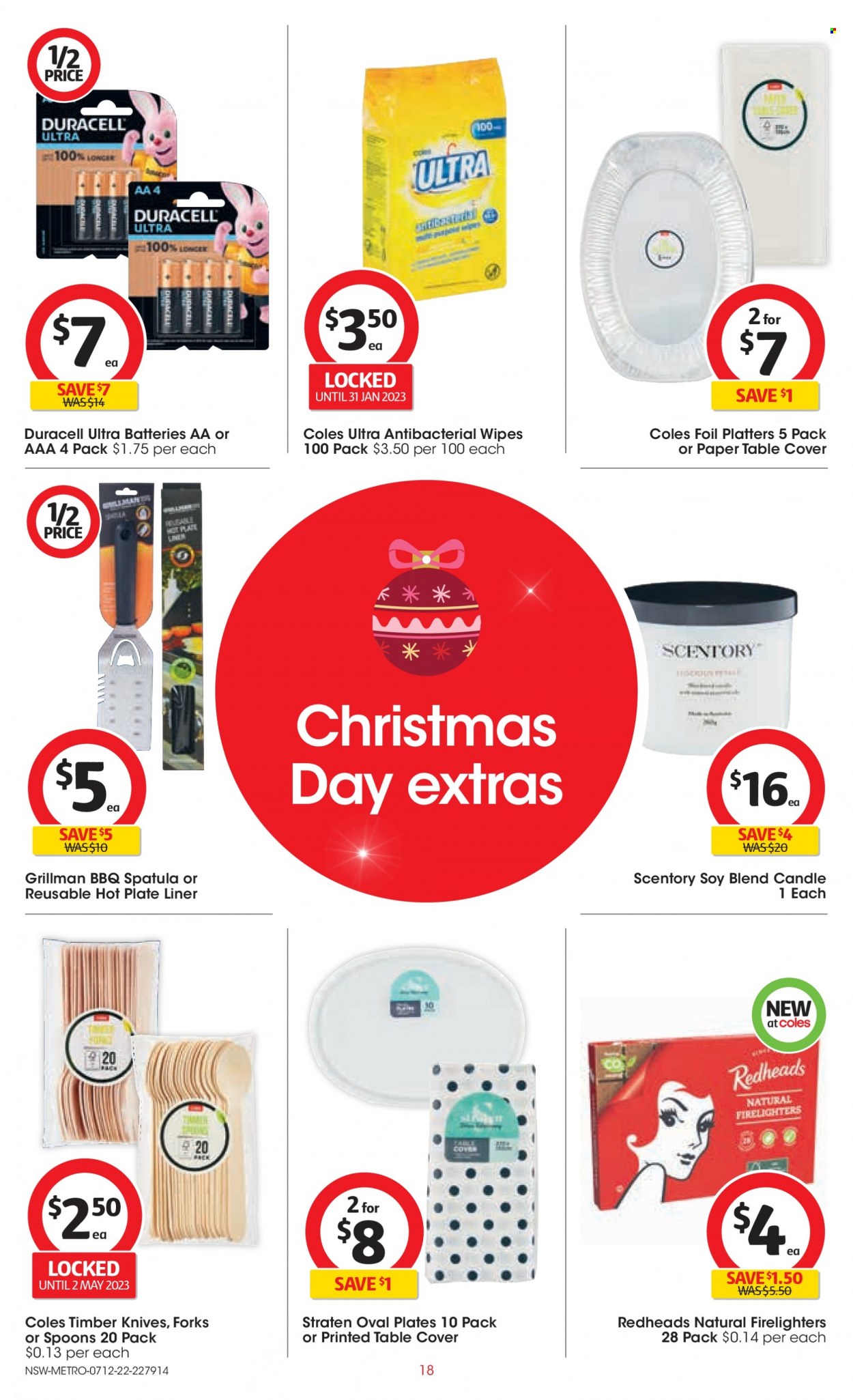 thumbnail - Coles Catalogue - 7 Dec 2022 - 13 Dec 2022 - Sales products - wipes, knife, firelighter, spatula, spoon, plate, candle, battery, Duracell. Page 18.
