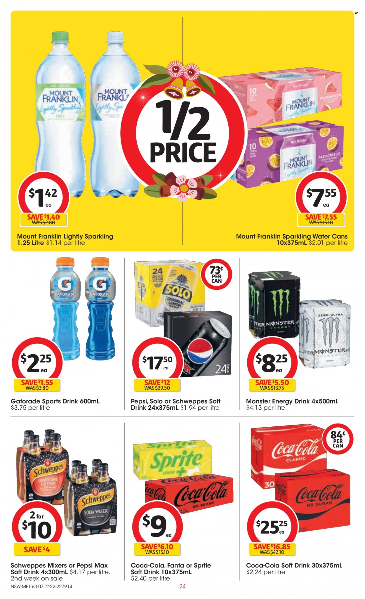 thumbnail - Coles Catalogue - 7 Dec 2022 - 13 Dec 2022 - Sales products - watermelon, Coca-Cola, Schweppes, Sprite, Pepsi, energy drink, Monster, Fanta, Pepsi Max, soft drink, Monster Energy, Gatorade, soda, sparkling water. Page 24.