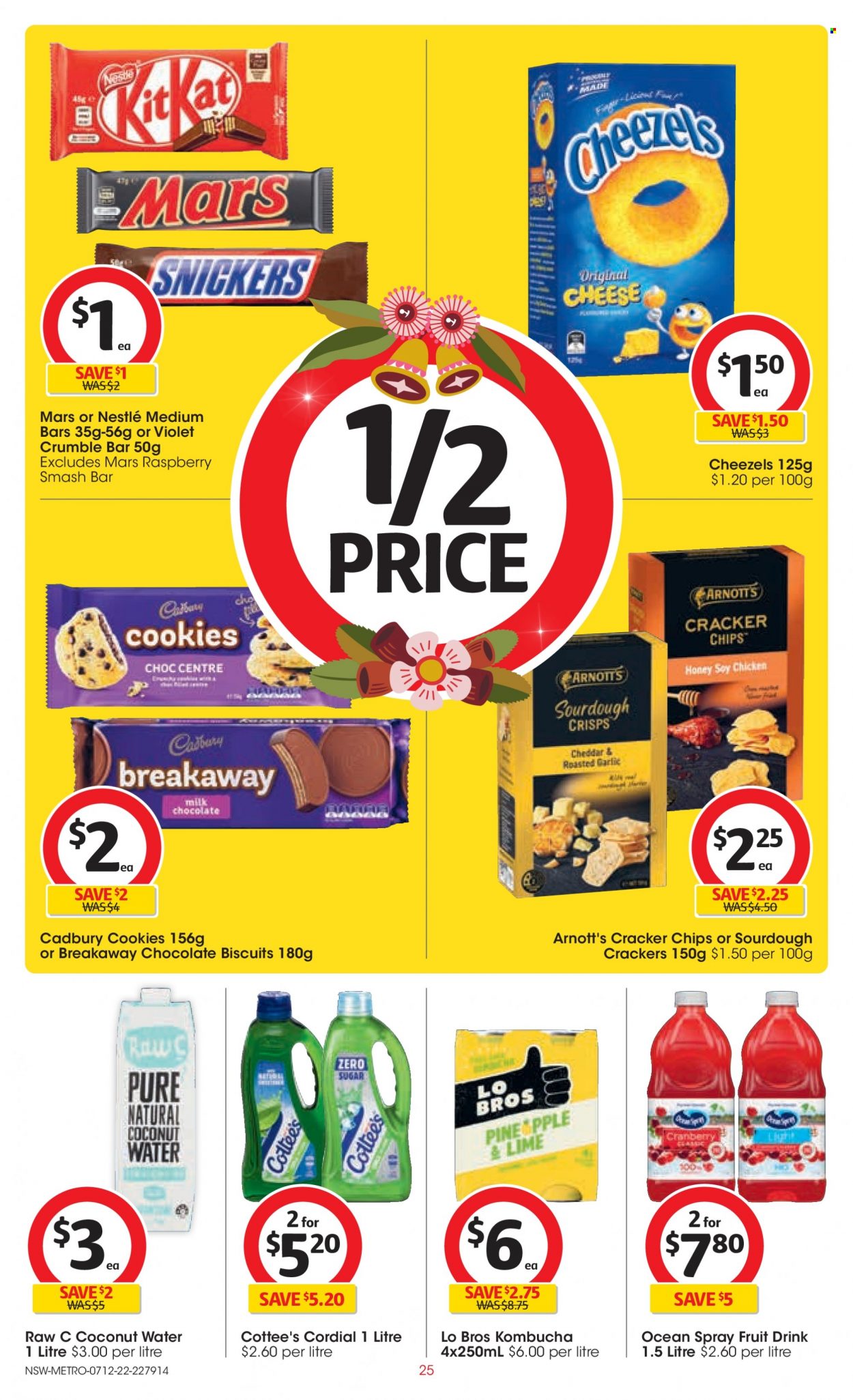 thumbnail - Coles Catalogue - 7 Dec 2022 - 13 Dec 2022 - Sales products - cheese, cookies, milk chocolate, Nestlé, chocolate, Snickers, Mars, KitKat, crackers, biscuit, Cadbury, chips, honey, fruit drink, coconut water, kombucha. Page 25.