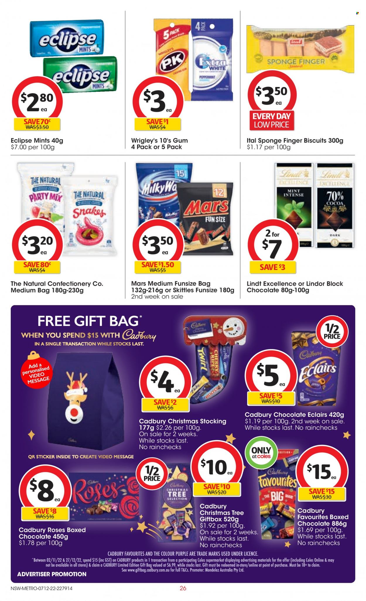 thumbnail - Coles Catalogue - 7 Dec 2022 - 13 Dec 2022 - Sales products - cherries, chocolate, Lindt, Lindor, Mars, biscuit, Cadbury, Cadbury Roses, Skittles, Boost, sticker, gift bag. Page 26.