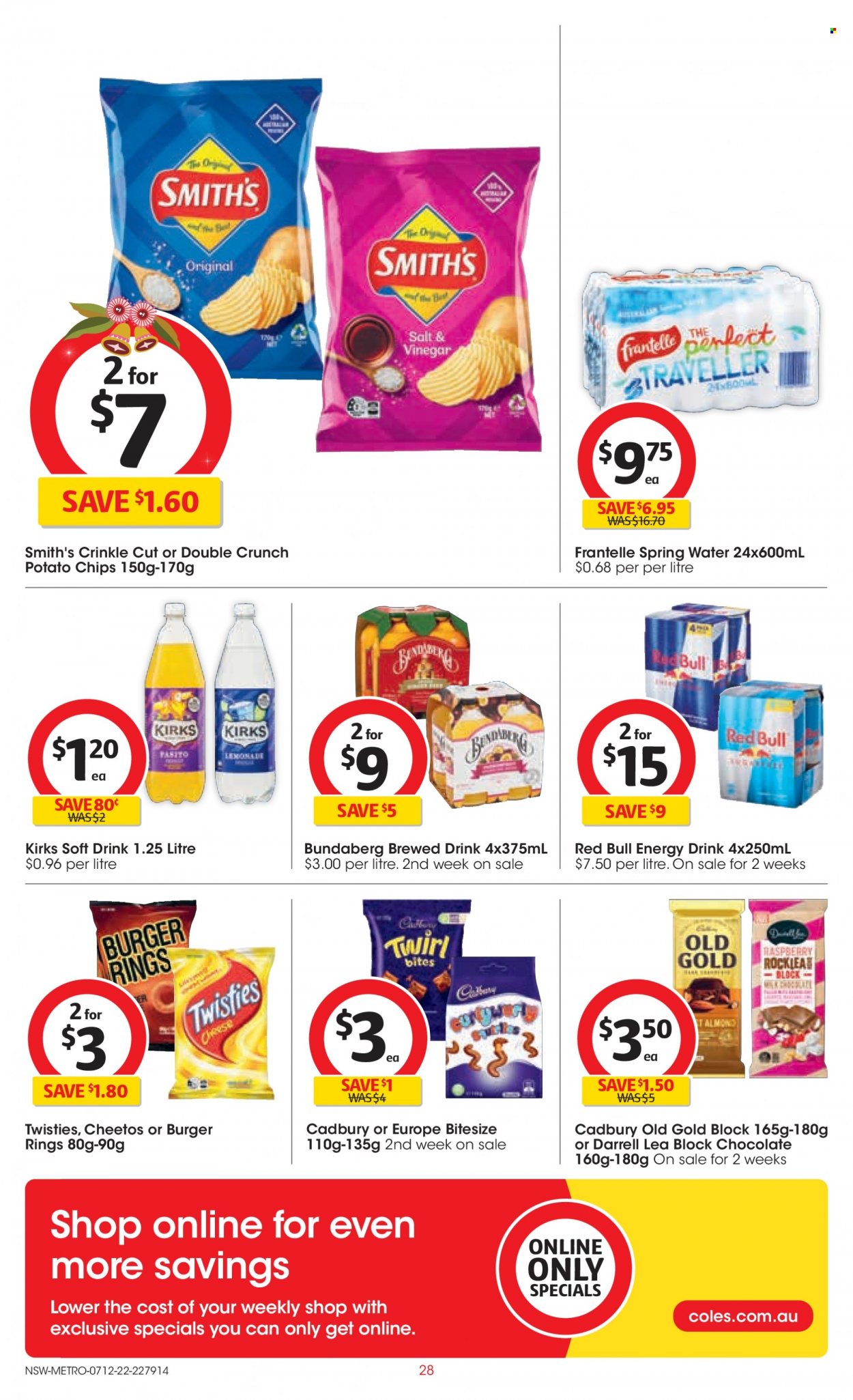 thumbnail - Coles Catalogue - 7 Dec 2022 - 13 Dec 2022 - Sales products - hamburger, cheese, milk chocolate, chocolate, Cadbury, potato chips, Cheetos, chips, Smith's, lemonade, energy drink, soft drink, Red Bull, spring water, Bundaberg, brewed drink. Page 28.