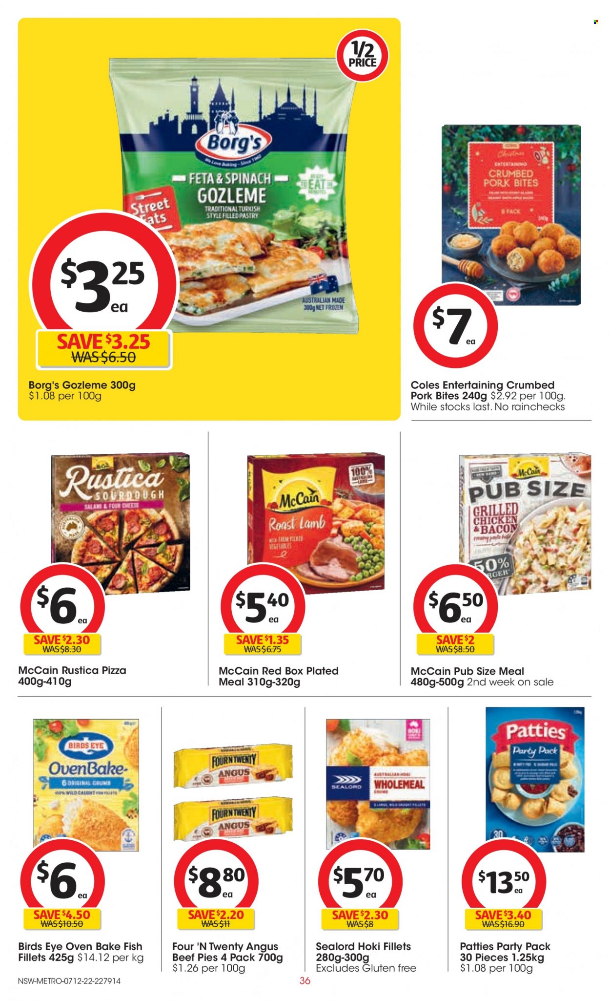 thumbnail - Coles Catalogue - 7 Dec 2022 - 13 Dec 2022 - Sales products - fish fillets, fish, Sealord, hoki fish, pizza, plated meal, beef pie, Bird's Eye, bacon, salami, McCain, beef meat. Page 36.