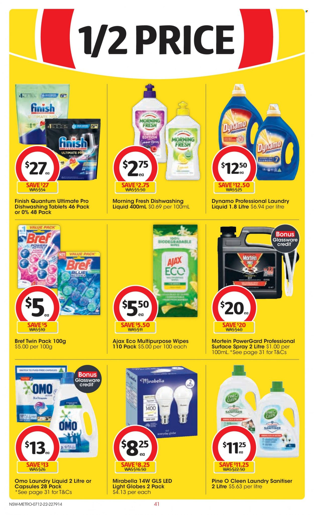 thumbnail - Coles Catalogue - 7 Dec 2022 - 13 Dec 2022 - Sales products - switch, wipes, multipurpose wipes, Bref Power, Ajax Eco, Mortein, Ajax, Omo, laundry detergent, dishwashing liquid, Finish Powerball, Finish Quantum Ultimate, glassware set, LED light. Page 41.