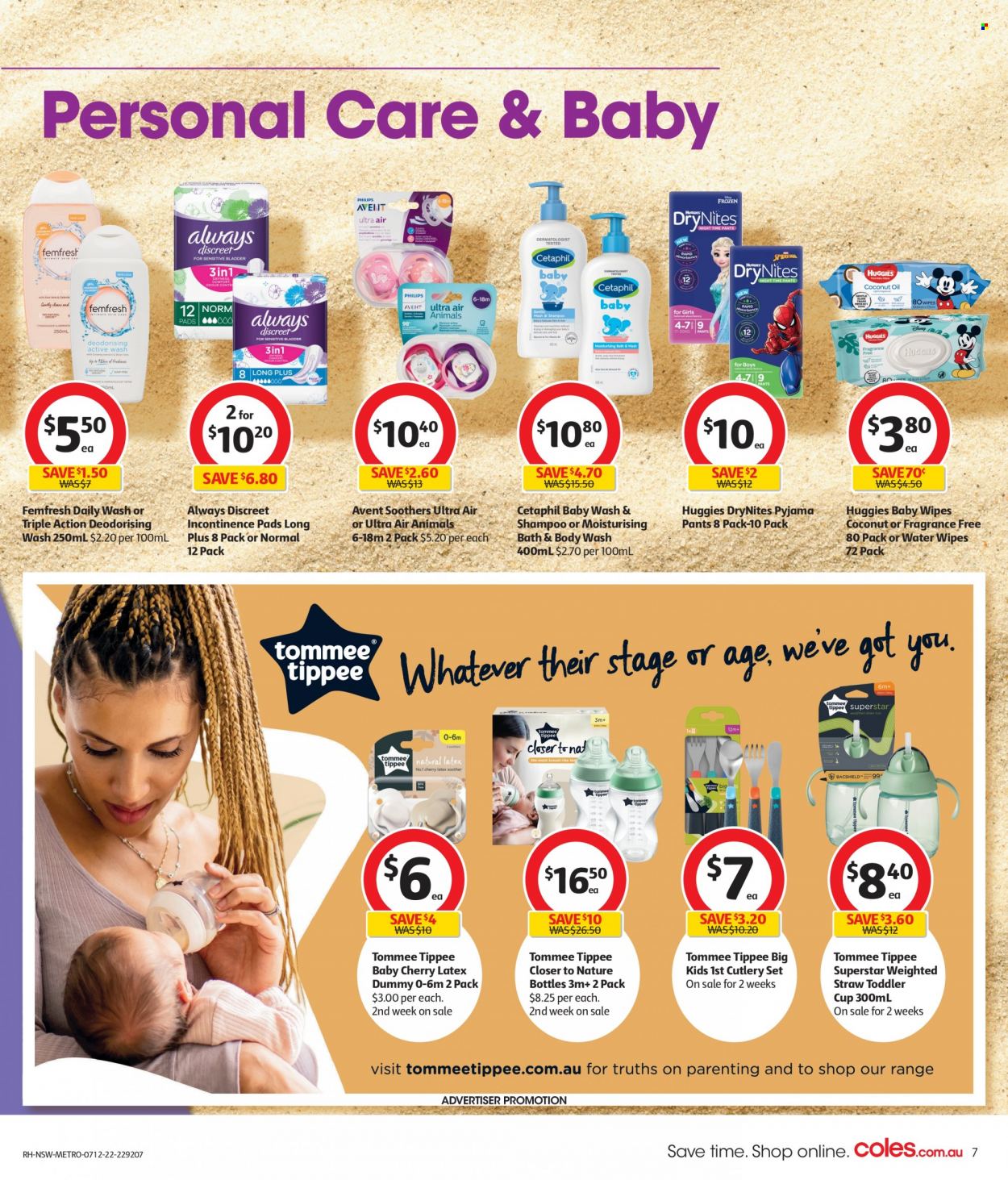 thumbnail - Coles Catalogue - 7 Dec 2022 - 13 Dec 2022 - Sales products - Philips, cherries, soother, oil, wipes, Huggies, pants, baby wipes, DryNites, body wash, shampoo, Always Discreet, cutlery set, cup, straw. Page 7.