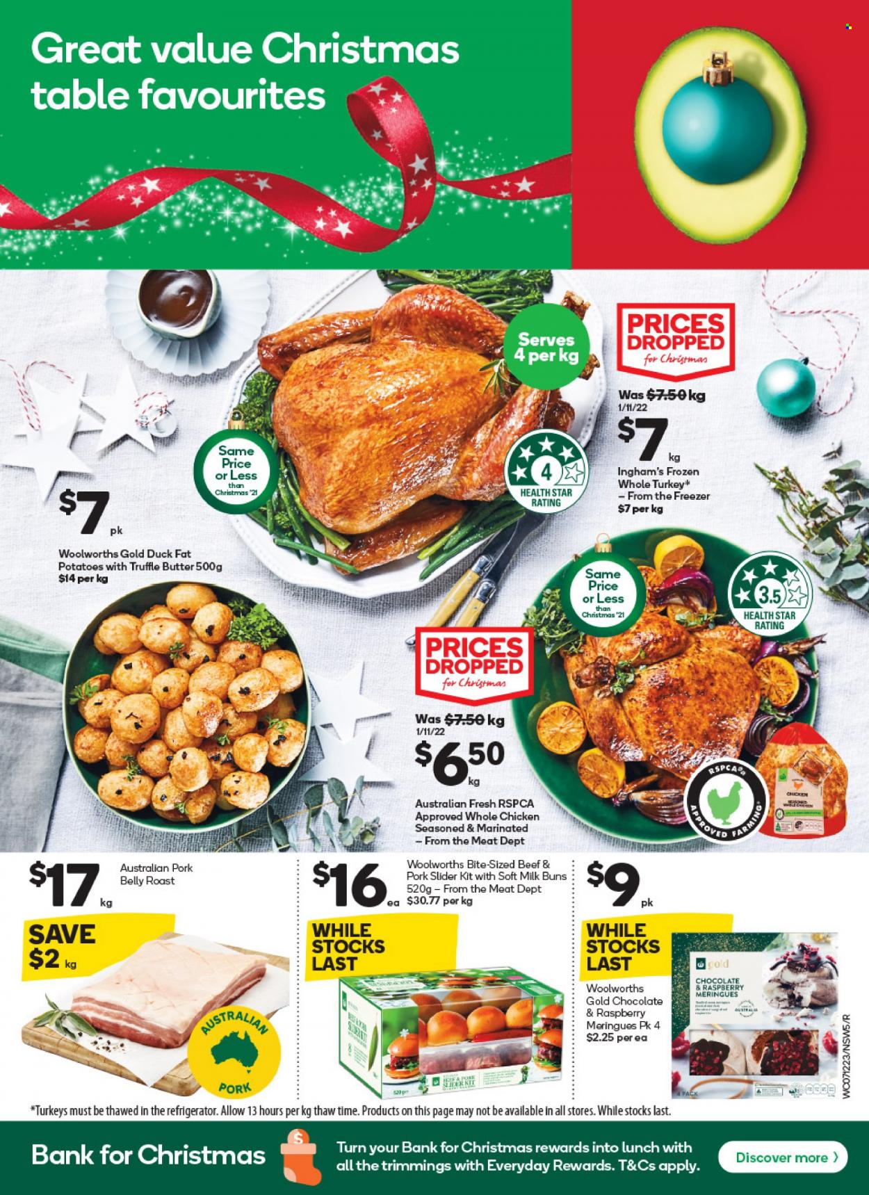 thumbnail - Woolworths Catalogue - 7 Dec 2022 - 13 Dec 2022 - Sales products - buns, potatoes, milk, butter, chocolate, truffles, whole chicken, whole turkey, pork belly, pork meat, table. Page 5.
