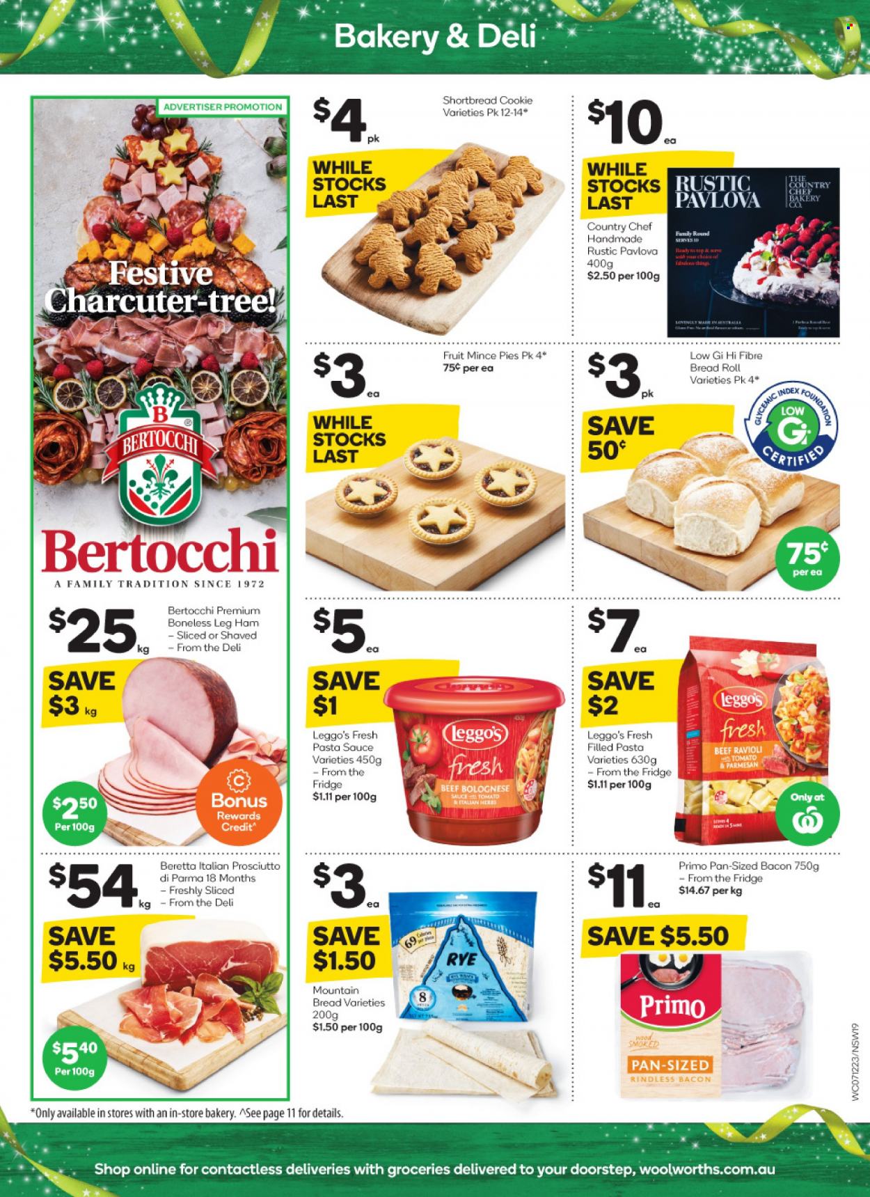 thumbnail - Woolworths Catalogue - 7 Dec 2022 - 13 Dec 2022 - Sales products - bread, ravioli, pasta sauce, sauce, filled pasta, bacon, ham, prosciutto, leg ham, parmesan, pan. Page 19.