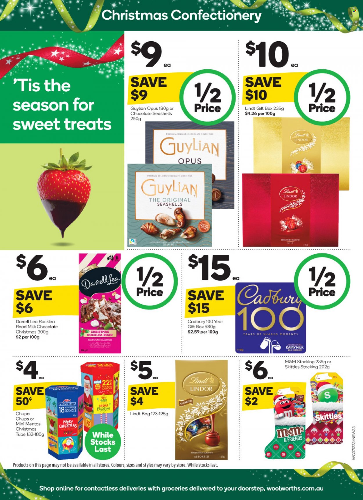 thumbnail - Woolworths Catalogue - 7 Dec 2022 - 13 Dec 2022 - Sales products - milk chocolate, chocolate, Lindt, Lindor, Mentos, M&M's, Cadbury, Dairy Milk, Skittles, gift box, Moments. Page 33.