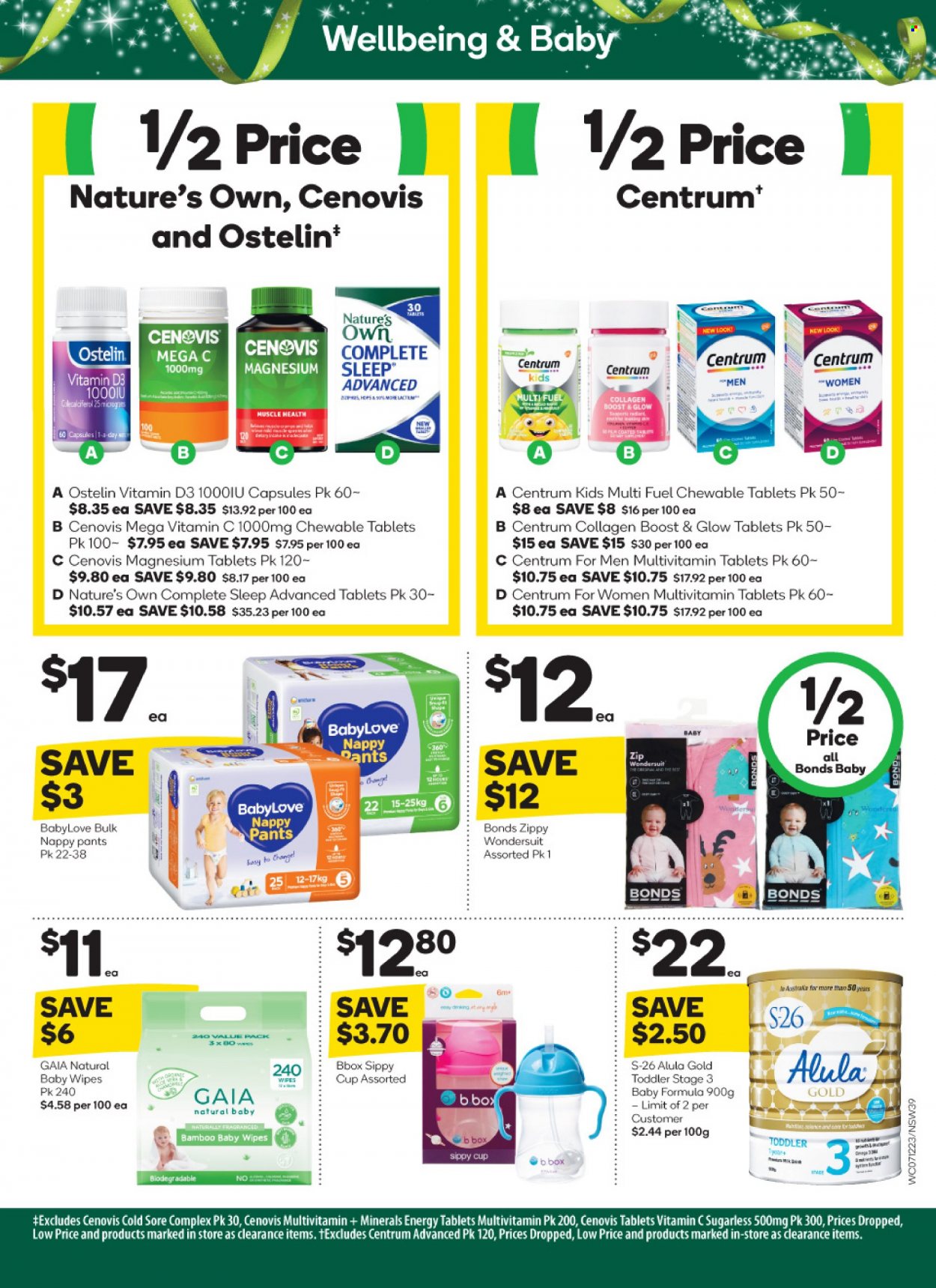 thumbnail - Woolworths Catalogue - 7 Dec 2022 - 13 Dec 2022 - Sales products - Gaia, Boost, wipes, pants, baby wipes, nappies, BabyLove, cup, Bonds, magnesium, multivitamin, vitamin c, Nature's Own, Cenovis, vitamin D3, Centrum, Ostelin. Page 39.