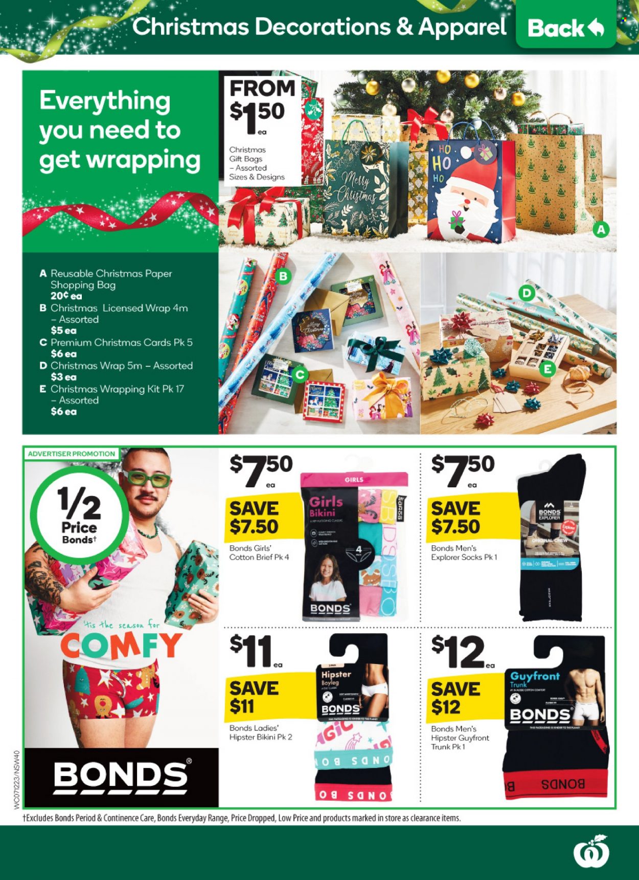 thumbnail - Woolworths Catalogue - 7 Dec 2022 - 13 Dec 2022 - Sales products - shopping bag, paper, christmas wrap, socks, bikini. Page 40.