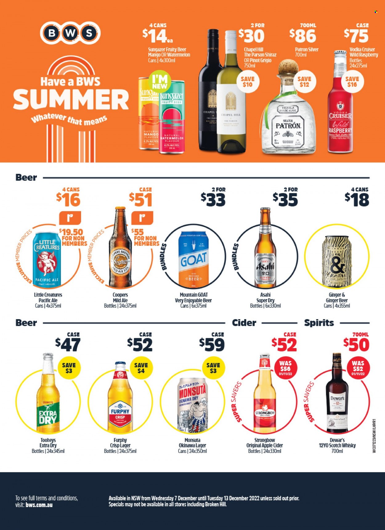thumbnail - Woolworths Catalogue - 7 Dec 2022 - 13 Dec 2022 - Sales products - watermelon, red wine, white wine, wine, Shiraz, Pinot Grigio, apple cider, tequila, vodka, scotch whisky, whisky, Vodka Cruiser, cider, beer, Lager, pacific ale, ginger beer. Page 47.