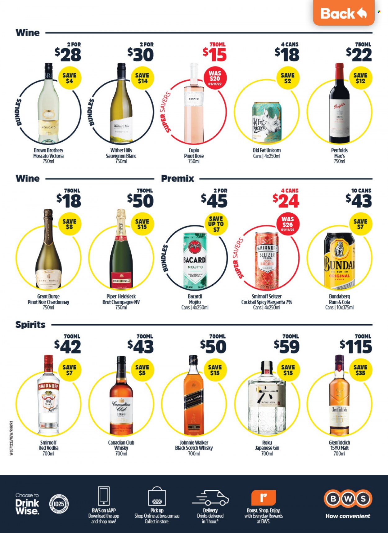 thumbnail - Woolworths Catalogue - 7 Dec 2022 - 13 Dec 2022 - Sales products - Victoria Sponge, malt, Bundaberg, Boost, red wine, white wine, champagne, Chardonnay, wine, Pinot Noir, Wither Hills, Moscato, Sauvignon Blanc, rosé wine, Bacardi, gin, rum, Smirnoff, vodka, Johnnie Walker, BROTHERS, Glenfiddich, japanese gin, Hard Seltzer, scotch whisky, whisky, Hill's. Page 48.