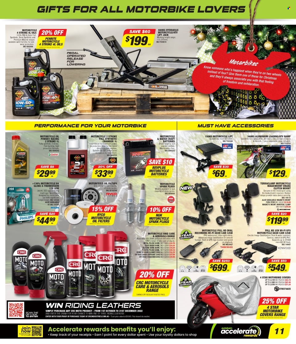 thumbnail - Autobarn Catalogue - 5 Dec 2022 - 24 Dec 2022 - Sales products - motorcycle, dashboard camera, spark plugs, oil filter, battery, Kenwood, polish, cleaner, Penrite, Castrol. Page 11.
