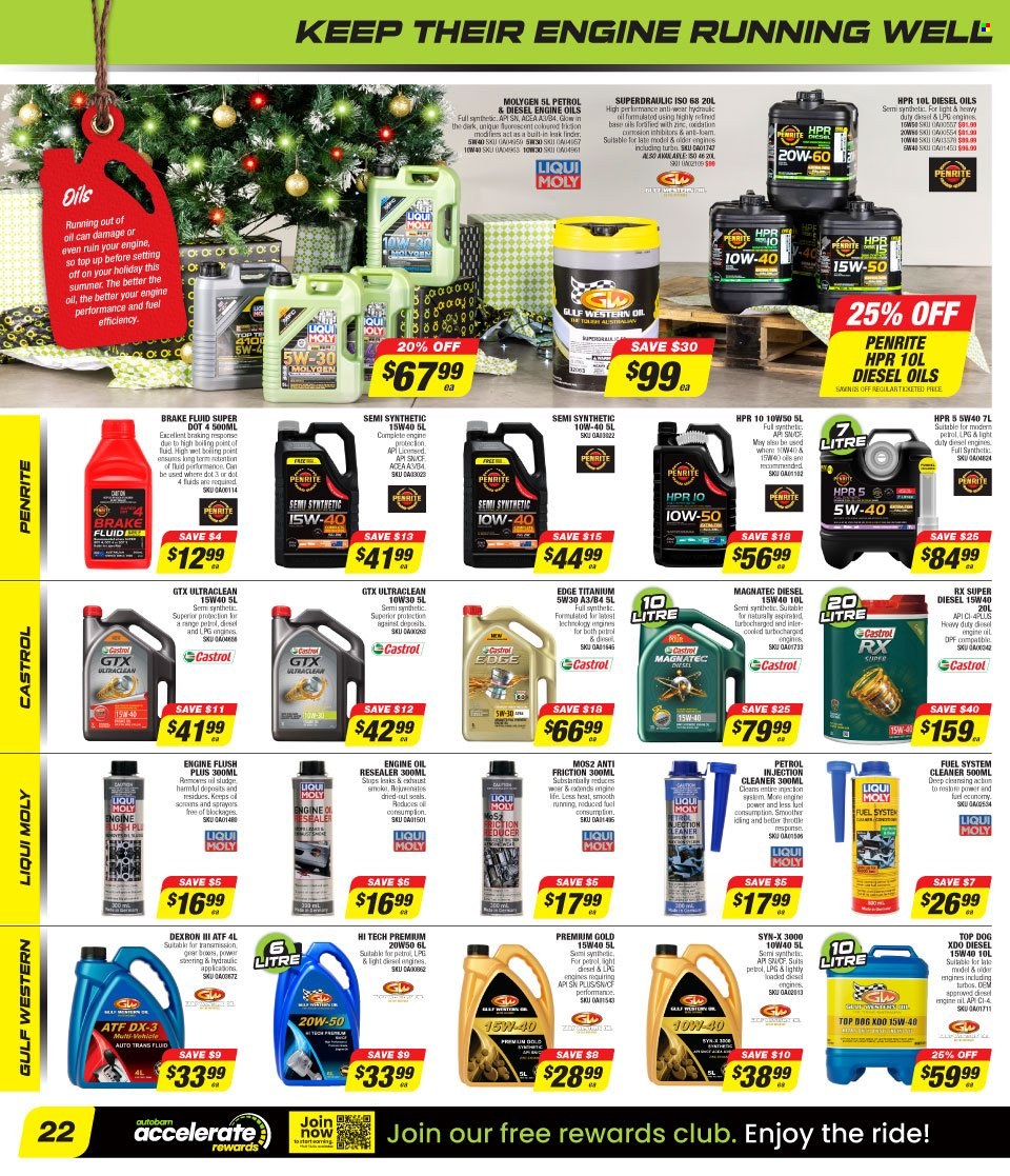 thumbnail - Autobarn Catalogue - 5 Dec 2022 - 24 Dec 2022 - Sales products - vehicle, fuel system cleaner, cleaner, Penrite, Gulf Western Oil, motor oil, Castrol, brake fluid. Page 22.