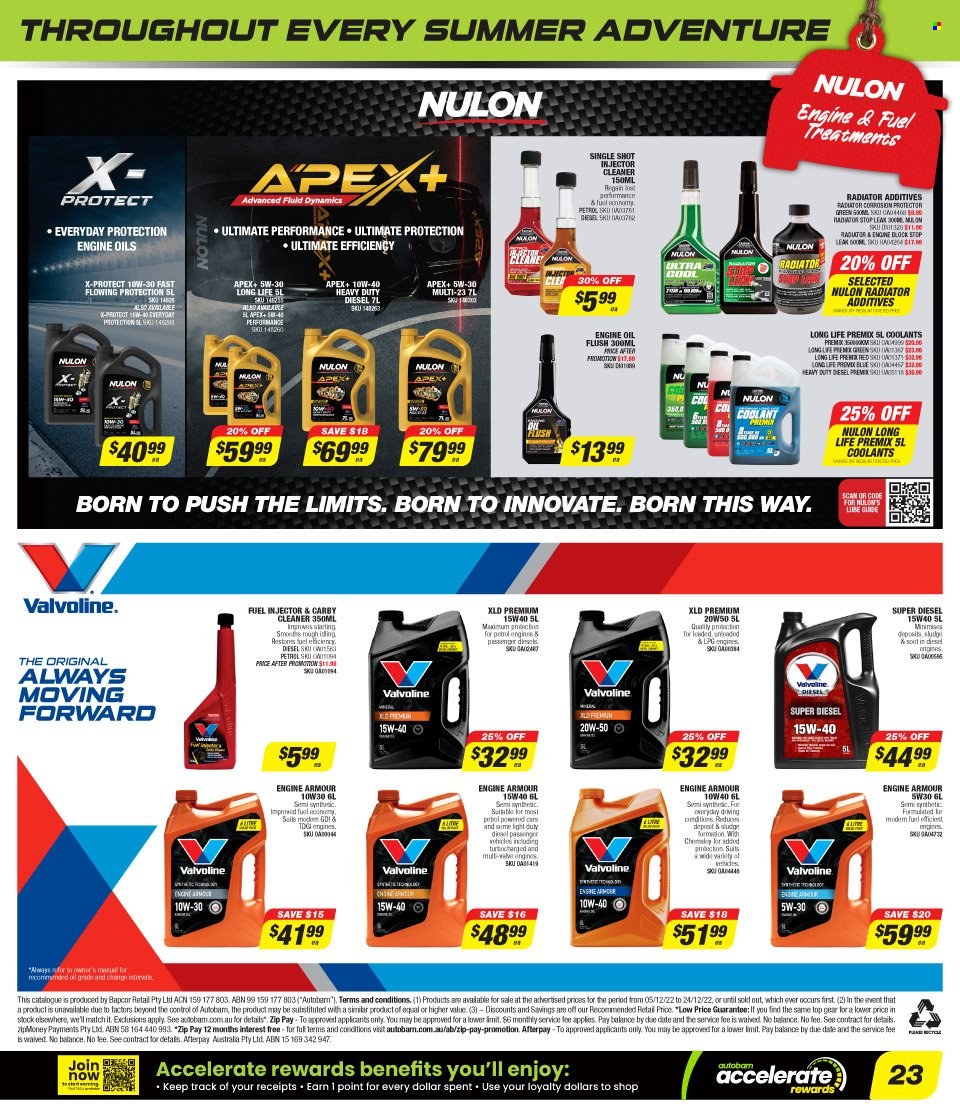 thumbnail - Autobarn Catalogue - 5 Dec 2022 - 24 Dec 2022 - Sales products - injector cleaner, cleaner, Nulon, motor oil, Valvoline, Engine Armour. Page 23.