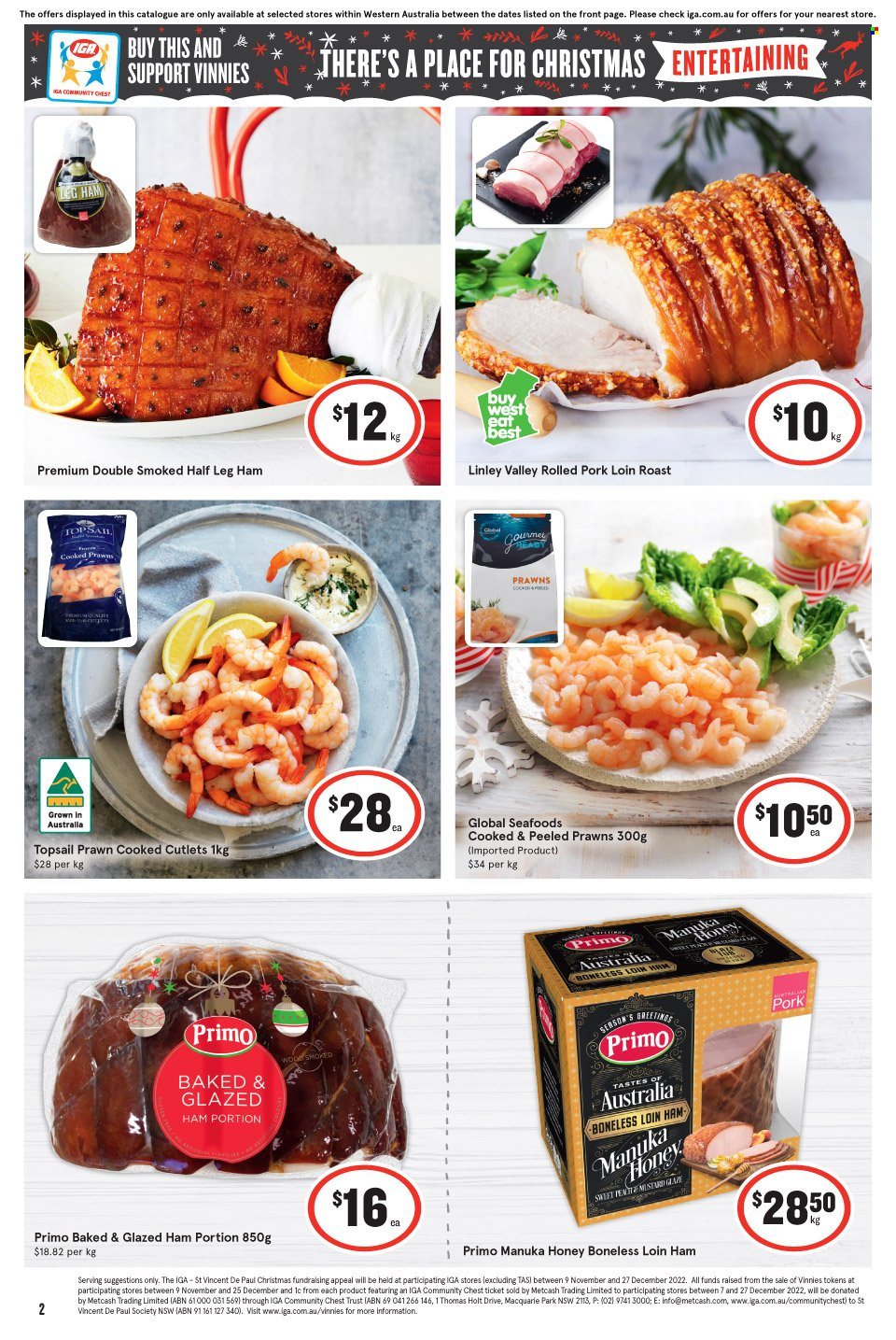 thumbnail - IGA Catalogue - 7 Dec 2022 - 13 Dec 2022 - Sales products - prawns, ham, leg ham, mustard, Manuka Honey, pork loin, pork meat. Page 3.