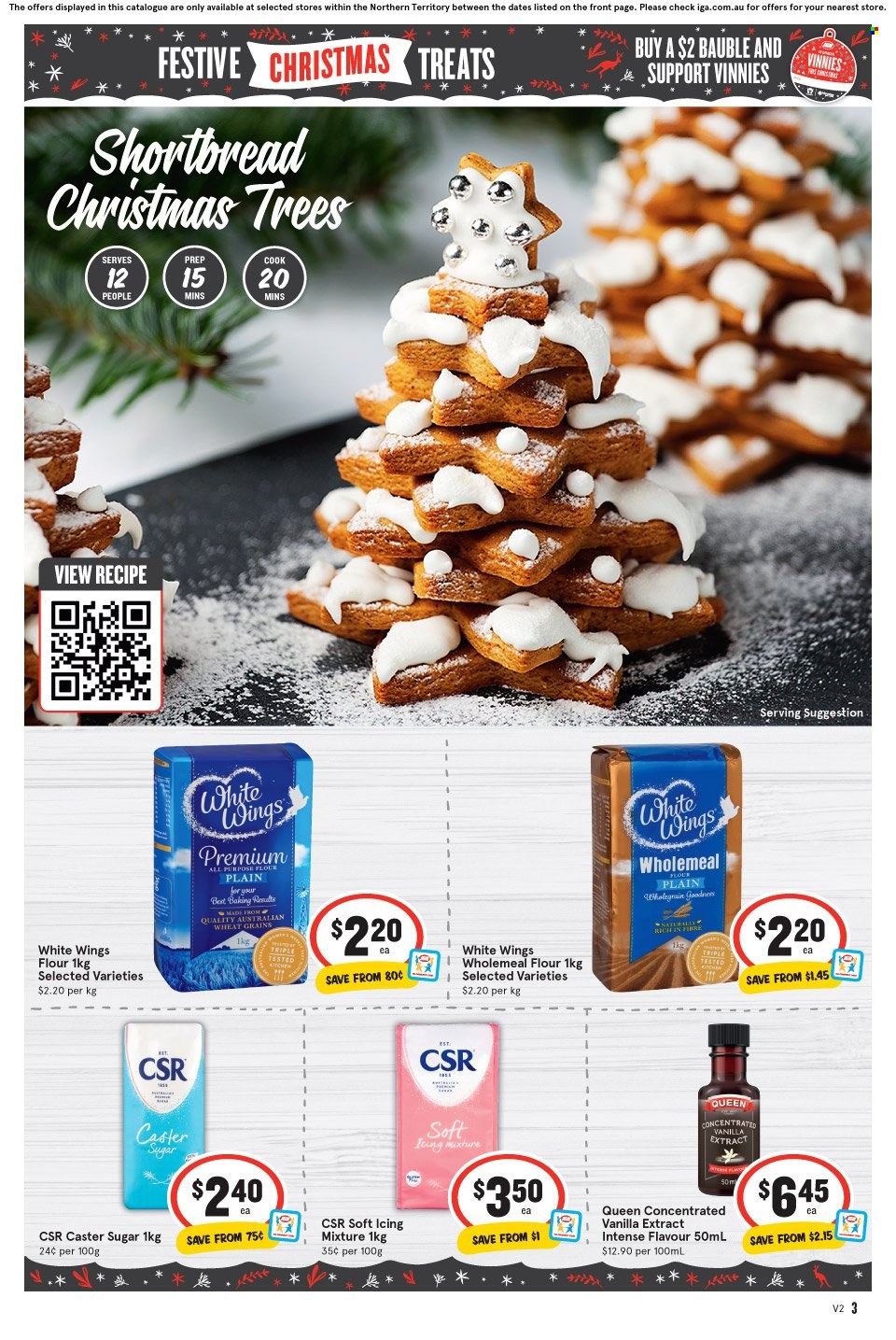 thumbnail - IGA Catalogue - 7 Dec 2022 - 13 Dec 2022 - Sales products - White Wings, all purpose flour, flour, sugar, caster sugar, vanilla extract, bauble. Page 4.