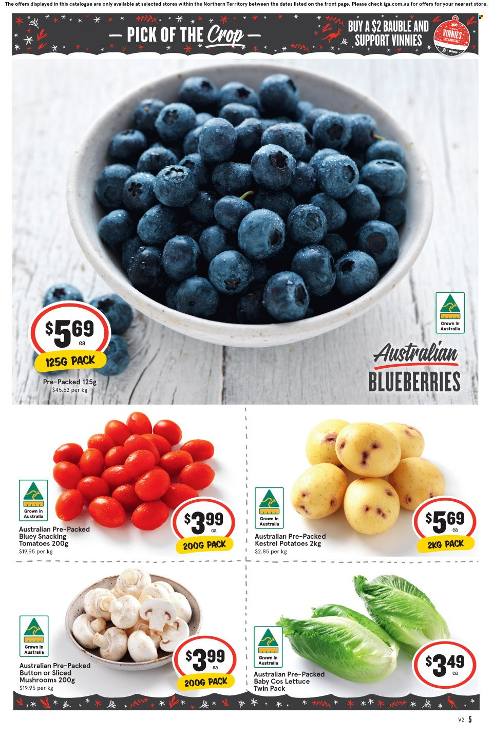 thumbnail - IGA Catalogue - 7 Dec 2022 - 13 Dec 2022 - Sales products - mushrooms, potatoes, lettuce, tomatoes, blueberries, bauble. Page 6.