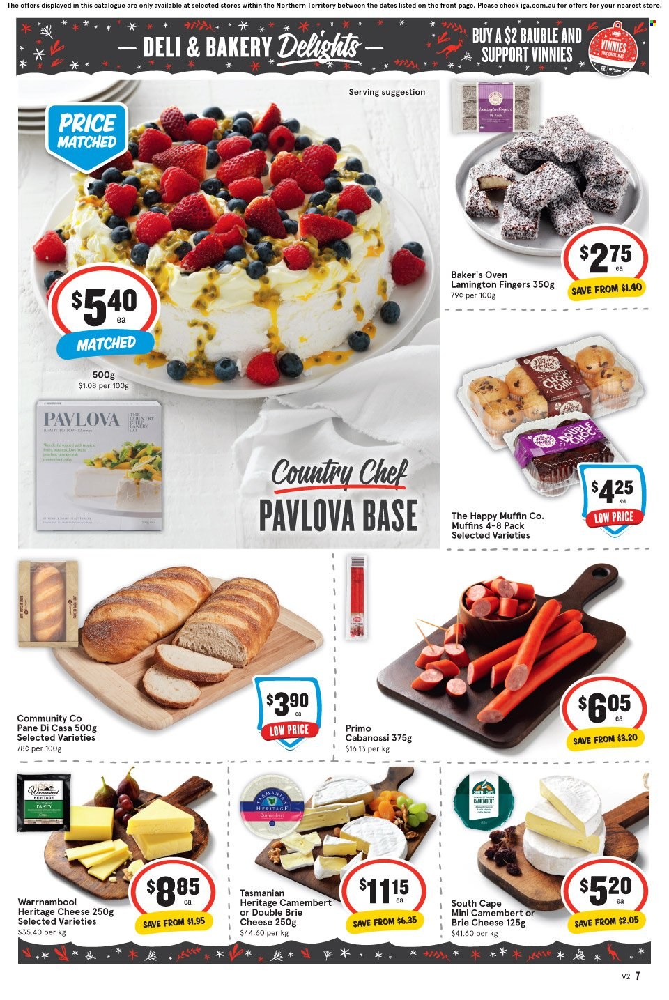 thumbnail - IGA Catalogue - 7 Dec 2022 - 13 Dec 2022 - Sales products - muffin, cabanossi, camembert, cheese, brie, Heritage cheese, Tasmanian Heritage, bauble. Page 8.