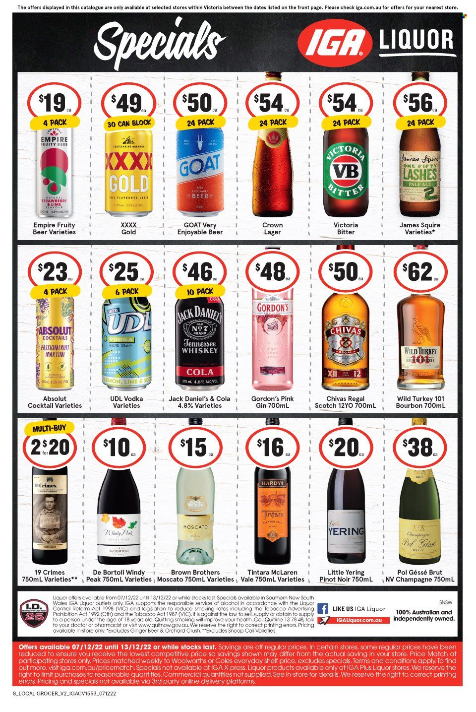 thumbnail - IGA Xpress Catalogue - 7 Dec 2022 - 13 Dec 2022 - Sales products - Jack Daniel's, Victoria Sponge, red wine, champagne, wine, Pinot Noir, Moscato, bourbon, gin, Tennessee Whiskey, vodka, whiskey, Gordon's, Absolut, BROTHERS, Chivas Regal, Martini, whisky, beer, Lager, ginger beer. Page 2.