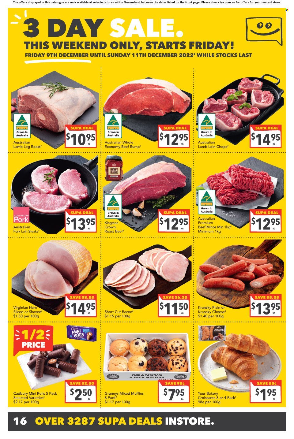 thumbnail - SUPA VALU Catalogue - 7 Dec 2022 - 13 Dec 2022 - Sales products - croissant, muffin, bacon, ham, Kransky, cheese, Cadbury, beef meat, ground beef, steak, roast beef, pork loin, pork meat, lamb loin, lamb meat, lamb leg. Page 17.