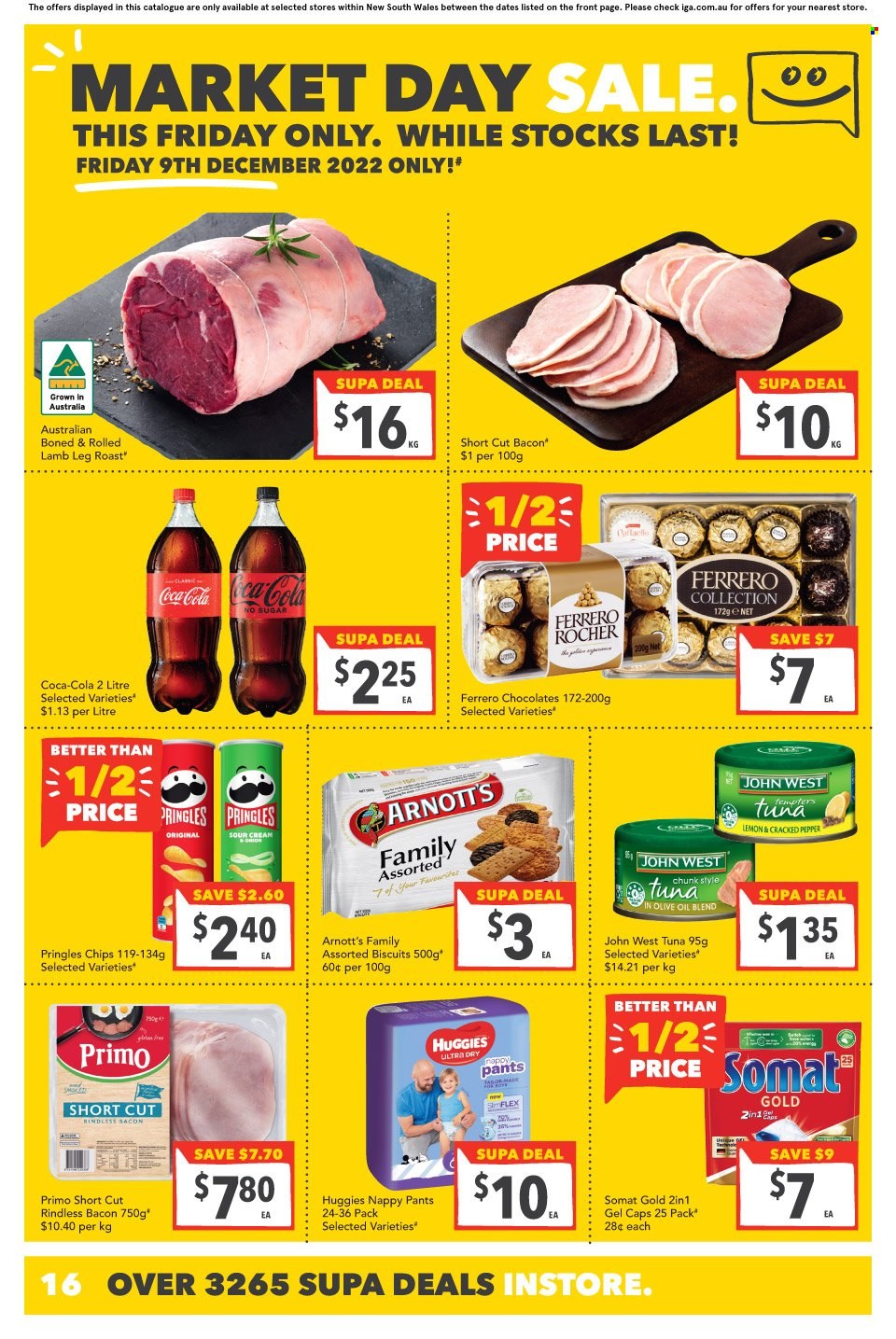 thumbnail - SUPA VALU Catalogue - 7 Dec 2022 - 13 Dec 2022 - Sales products - onion, tuna, bacon, sour cream, chocolate, Ferrero Rocher, biscuit, Pringles, chips, Coca-Cola, lamb meat, lamb leg, Huggies, pants, nappies. Page 17.