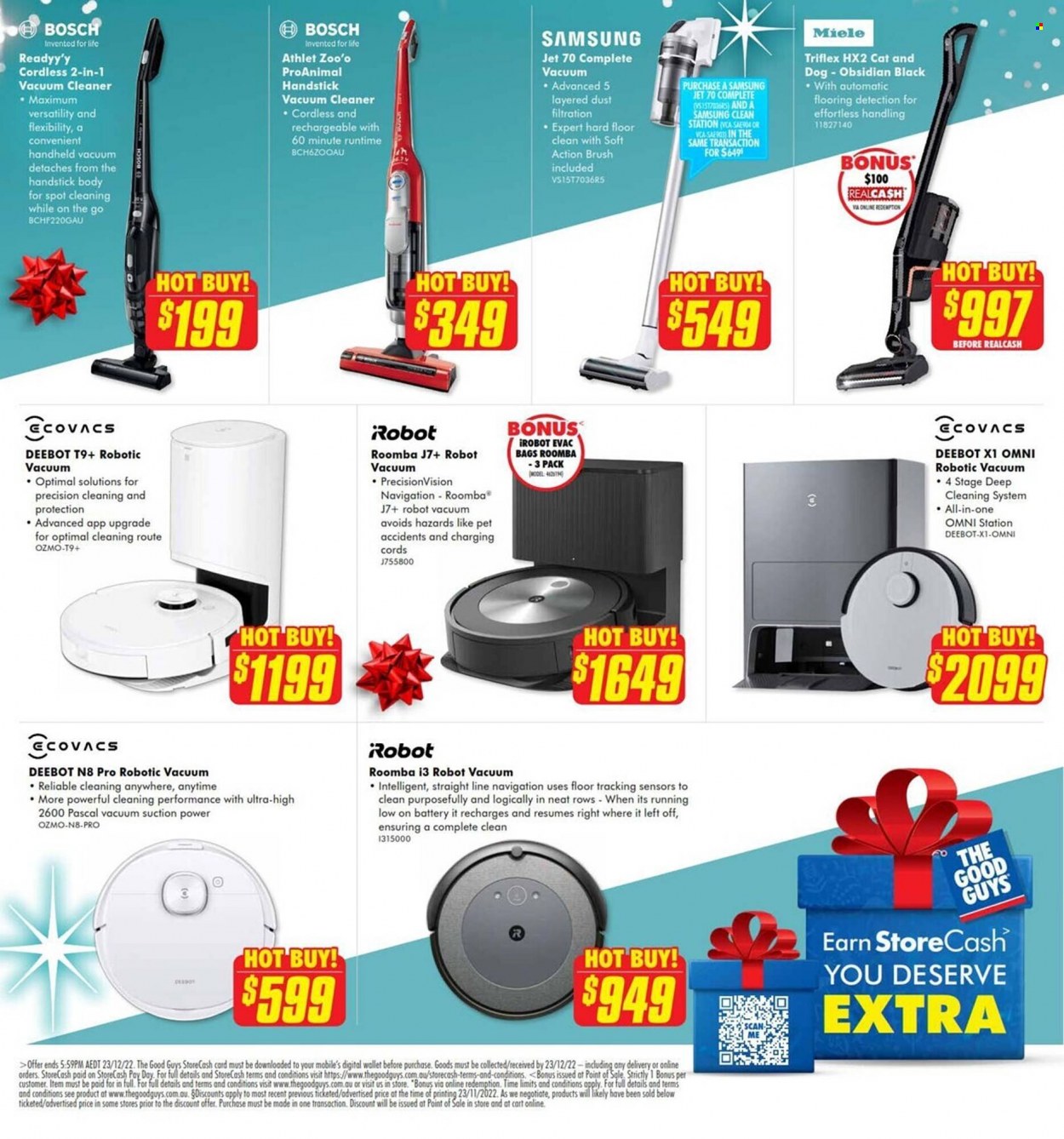 thumbnail - The Good Guys Catalogue - 5 Dec 2022 - 23 Dec 2022 - Sales products - omni, battery, Samsung, Bosch, Miele, Roomba, vacuum cleaner, iRobot, Ecovacs, robot vacuum, handheld vacuum cleaner, wallet. Page 20.