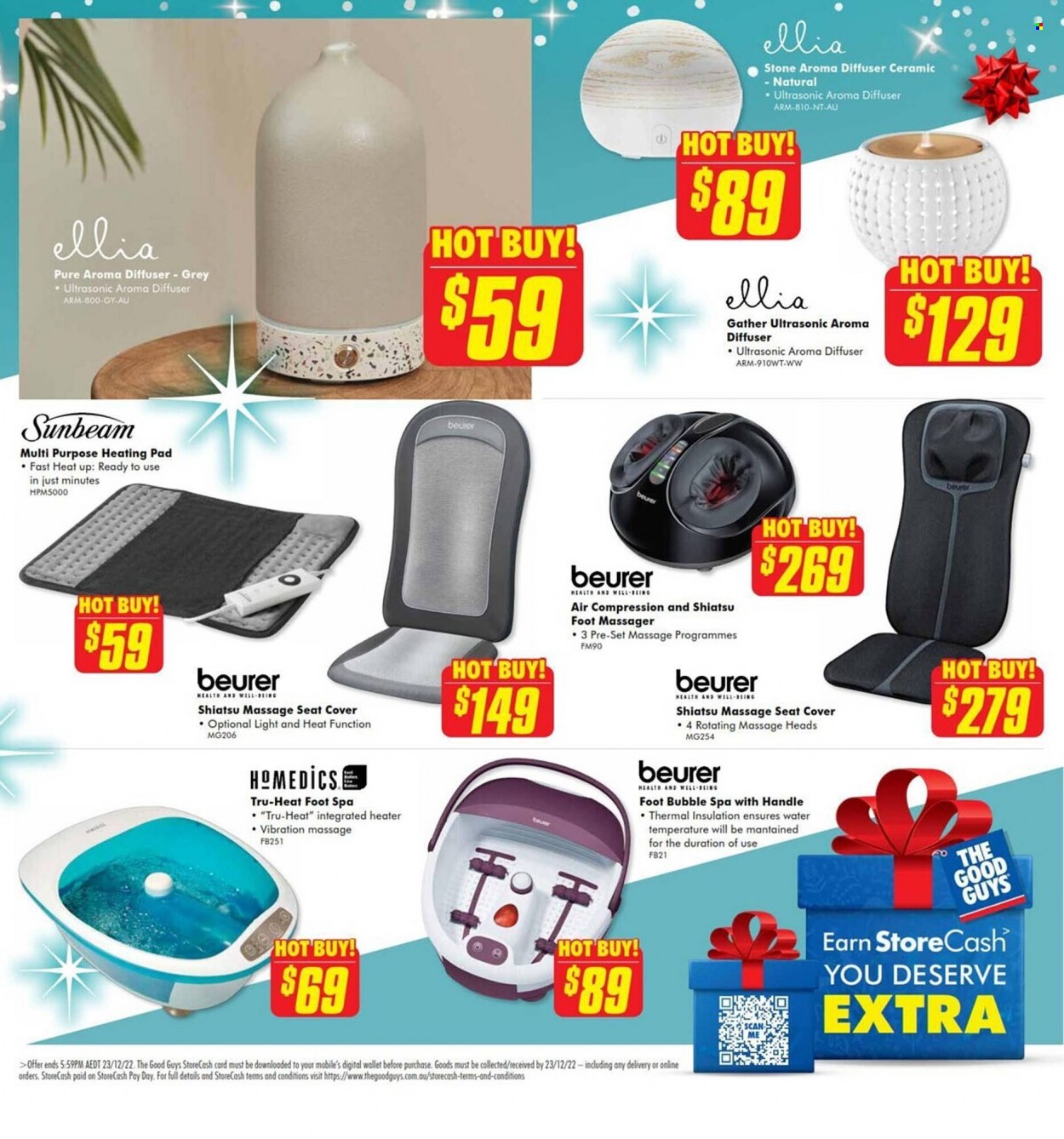thumbnail - The Good Guys Catalogue - 5 Dec 2022 - 23 Dec 2022 - Sales products - Beurer, Sunbeam, massager, foot massager, foot spa, heating pad, diffuser, wallet, car seat cover. Page 34.